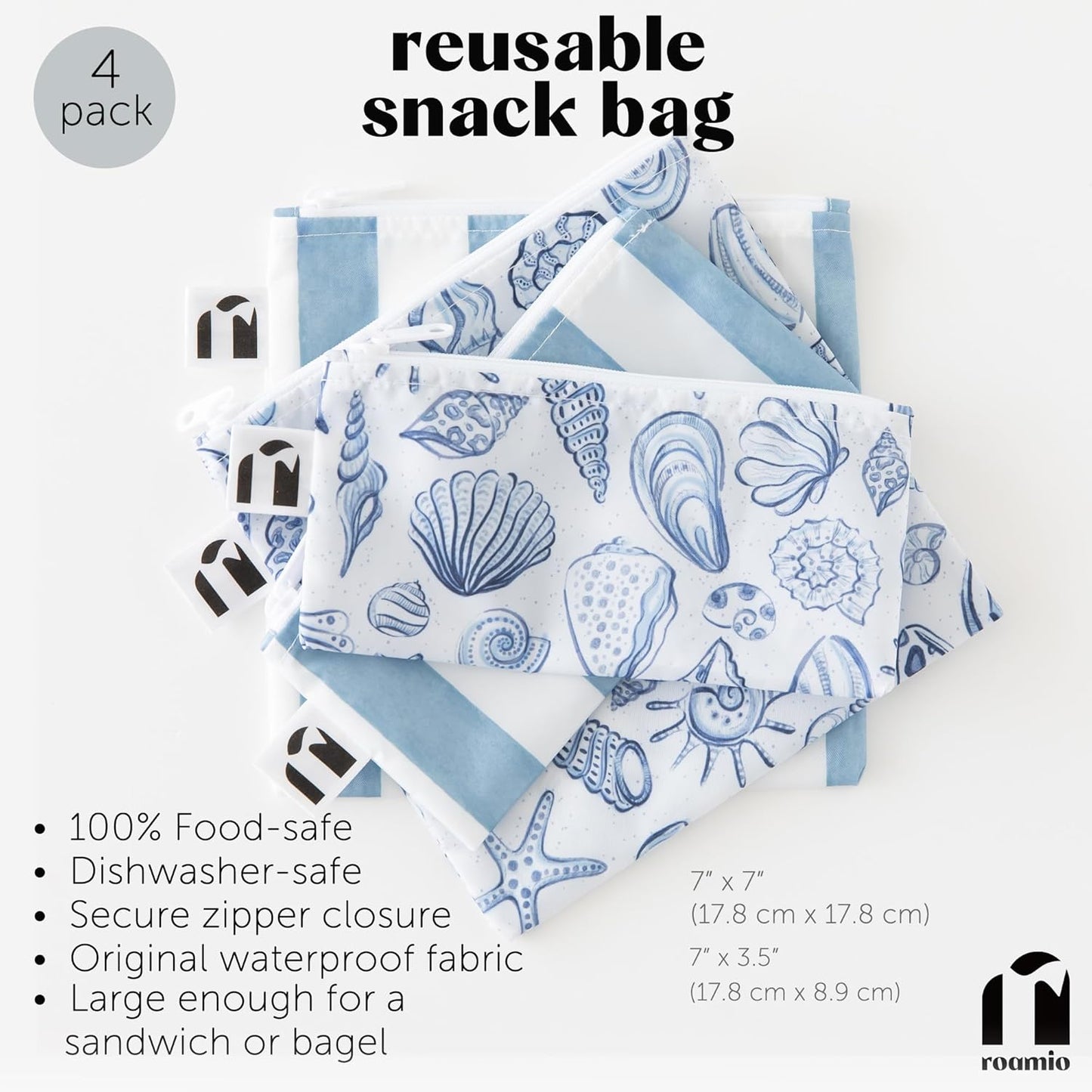 Roamio Reusable Sandwich and Snack Bags, for Kids School Lunch and for Adults Portion, Washable Fabric, Waterproof Cloth Zip Bag, Travel Pouch, Food-Safe, 4-pack Set Nautical Stripe and Blue Shells
