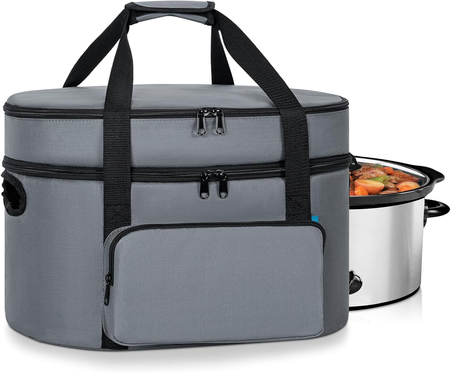 Double Layer Slow Cooker Travel Bag Compatible with 6, 7, 8 Quart Crock-Pot, Insulated Travel Carrier with Easy to Clean Lining, Grey