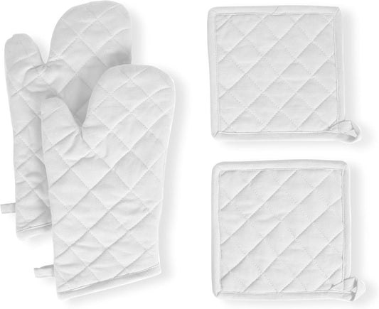 Native Fab 4 Piece Set - 2 Oven Mitts & 2 Potholders, Heat Resistant, 100% Cotton, Quilted Design, Non-Slip Grip, Machine Washable, Ideal for Baking, Cooking, BBQ, Kitchen Protection - White