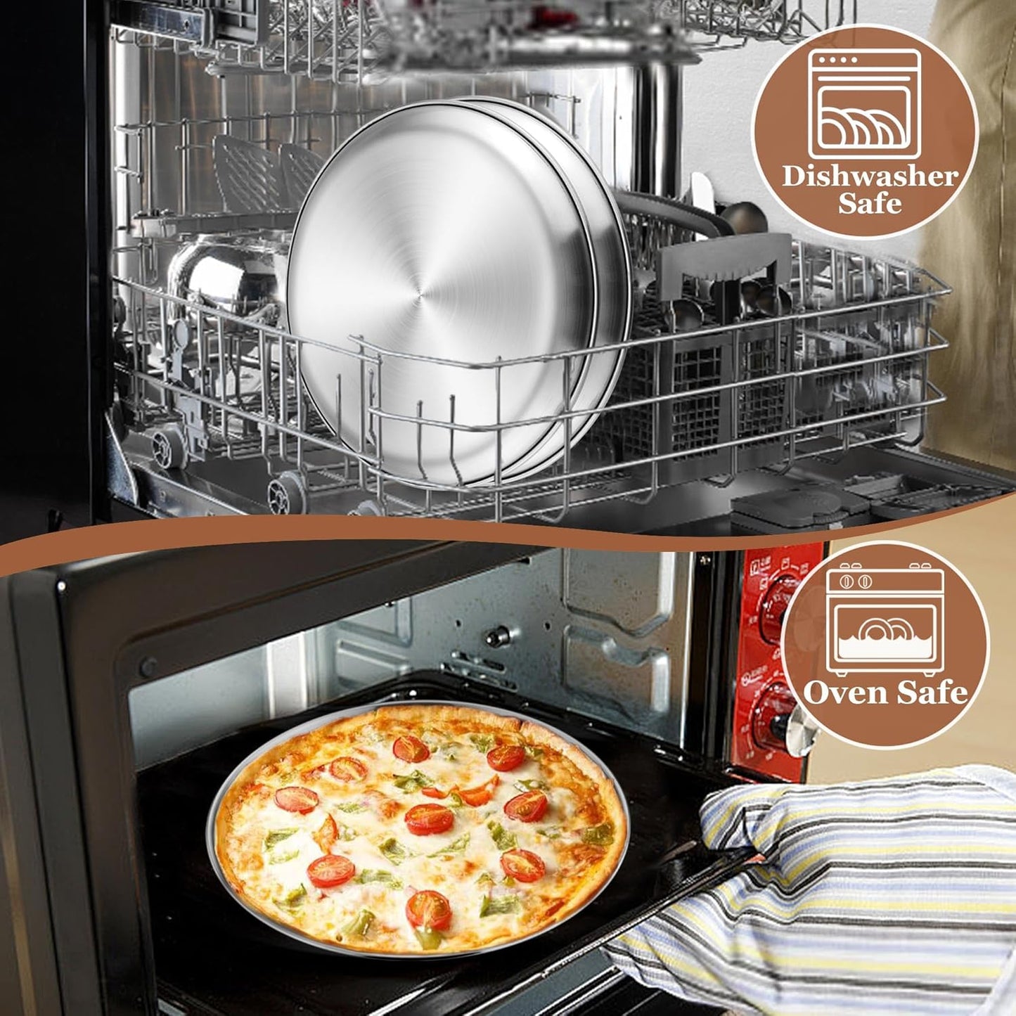 TeamFar 9 Inch Pizza Pan Set of 2, Stainless Steel Small Crispy Pizza Tray, Round Pizza Dish Plates for Toaster Oven Baking Cooking, Healthy & Heavy Duty, Easy Clean & Dishwasher Safe