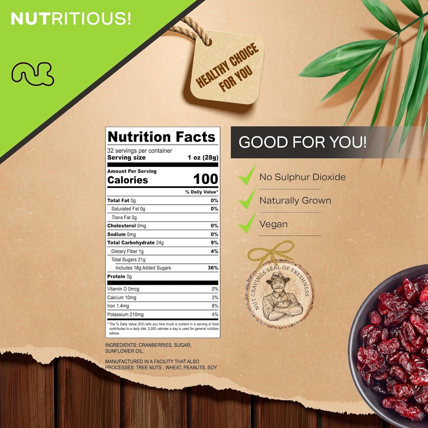 NUT CRAVINGS - Sun Dried Whole Cranberries, Lightly Sweetened (32oz, 2 LB) Bulk Dry Fruits Packed Fresh in Resealable Bag - Sweet Healthy Snack, Naturally Grown, Vegan, Kosher