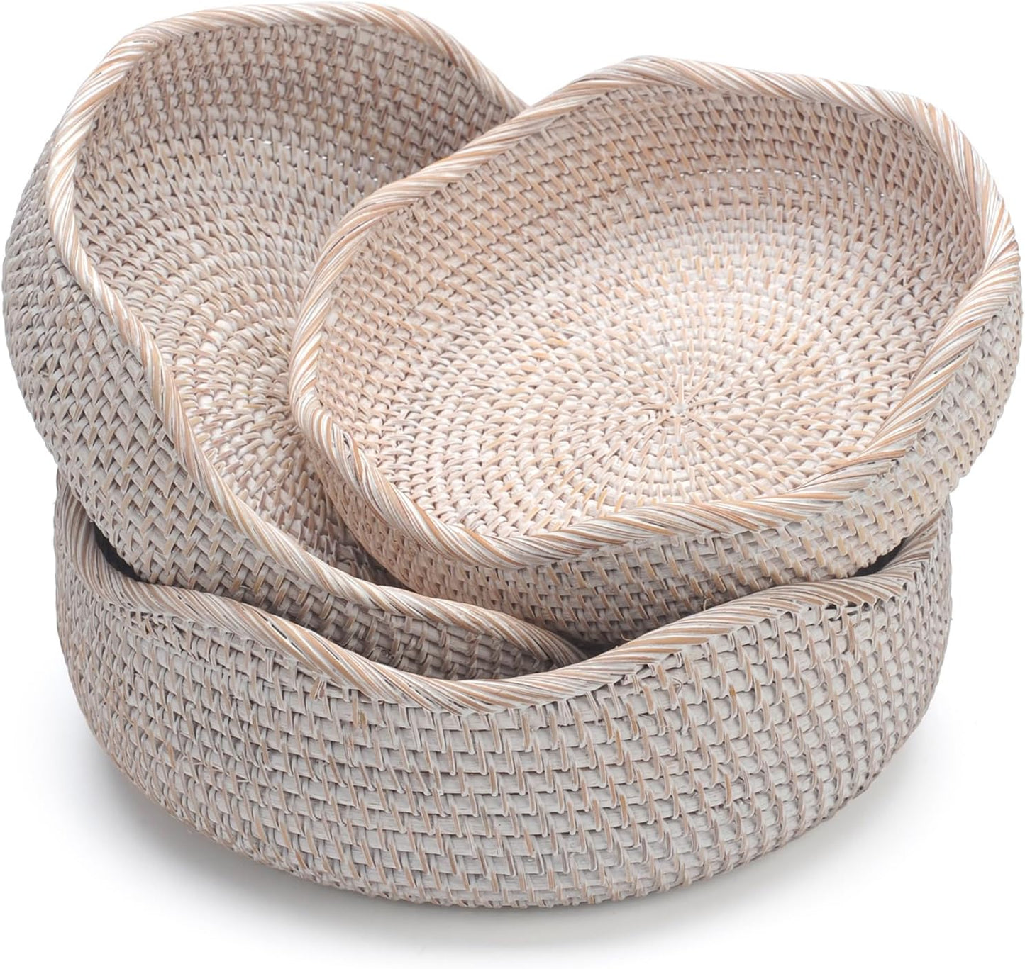YANGQIHOME Rattan Round Fruit Baskets, Wicker Storage Bowls, Natural Woven Serving Basket Bowls, Decorative Baskets for Kitchen Counter Organizing, Whitewash, Set of 3