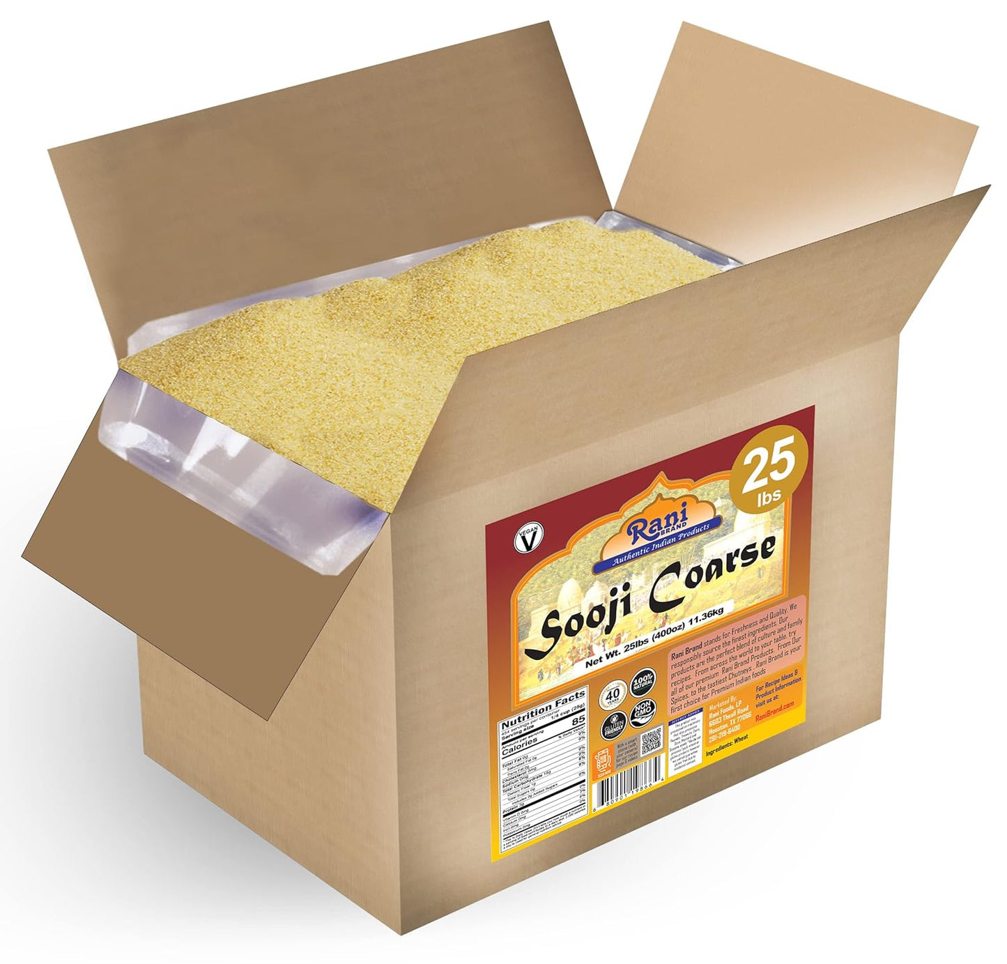 Rani Sooji Coarse (Farina, Suji, Rava, Rawa, Wheat Semolina) Flour 400oz (25lbs) 11.36kg Bulk Box ~ All Natural | Vegan | NON-GMO | Indian Origin