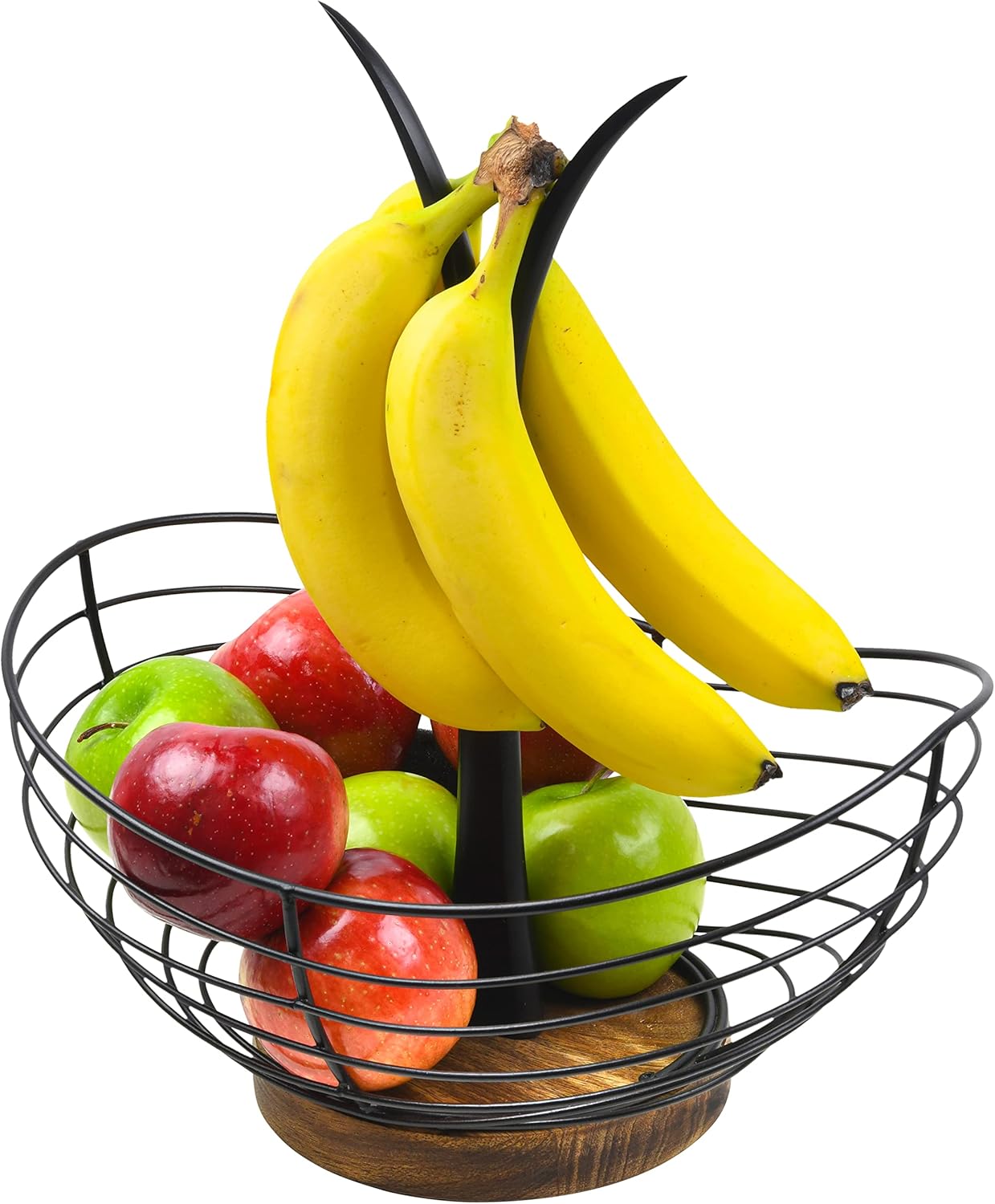 Modern Farmhouse Fruit Basket with Banana Holder for Kitchen Counter, Vintage Wire and Wooden Base Fruit Bowl & Banana Hanger for Kitchen Countertop Decor, Banana Tree & Fruit Stand
