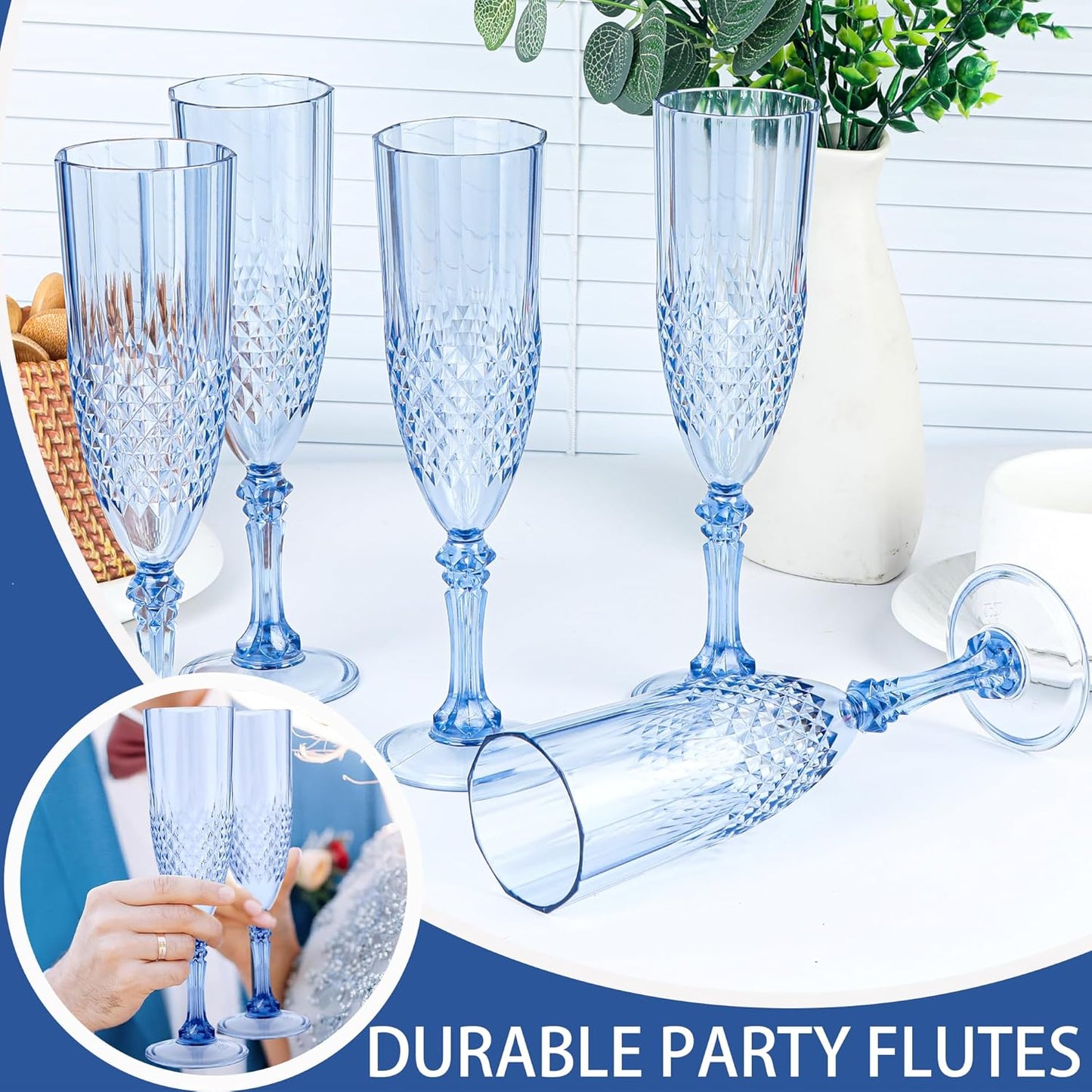 Plastic Champagne Flutes, 24PCS Blue Plastic Wine Glasses Goblets Reusable Champagne Flute for Weddings, Bachelor Parties, Toasting, and Events (24, Blue)