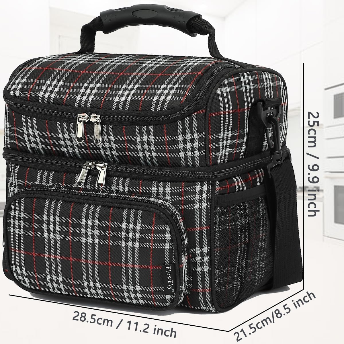 FlowFly Double Layer Cooler Insulated Lunch Bag Adult Lunch Box Large Tote Bag for Men, Women, With Adjustable Strap,Front Pocket and Dual Large Mesh Side Pockets