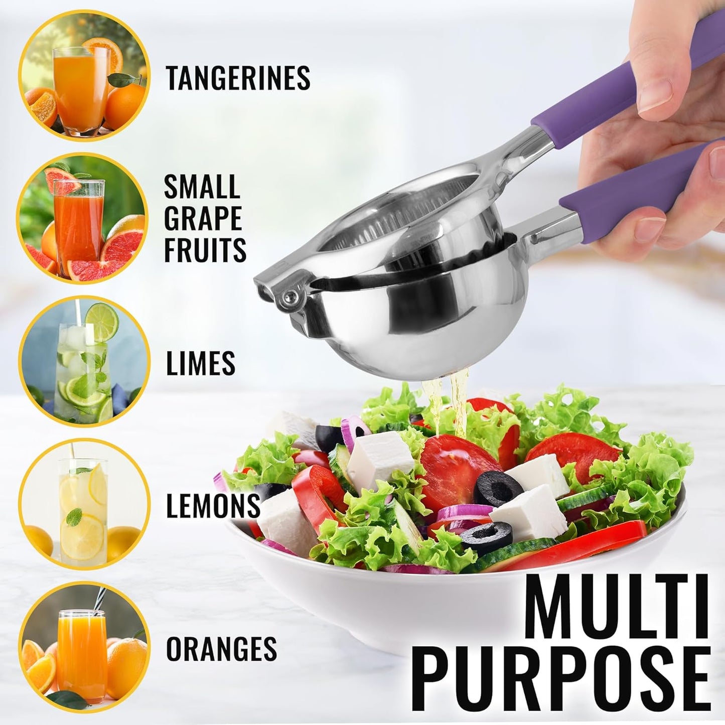 Zulay Lemon Squeezer Stainless Steel with Premium Heavy Duty Solid Metal Squeezer Bowl and Food Grade Silicone Handles - Large Manual Citrus Press Juicer and Lime Squeezer Stainless Steel (Purple)