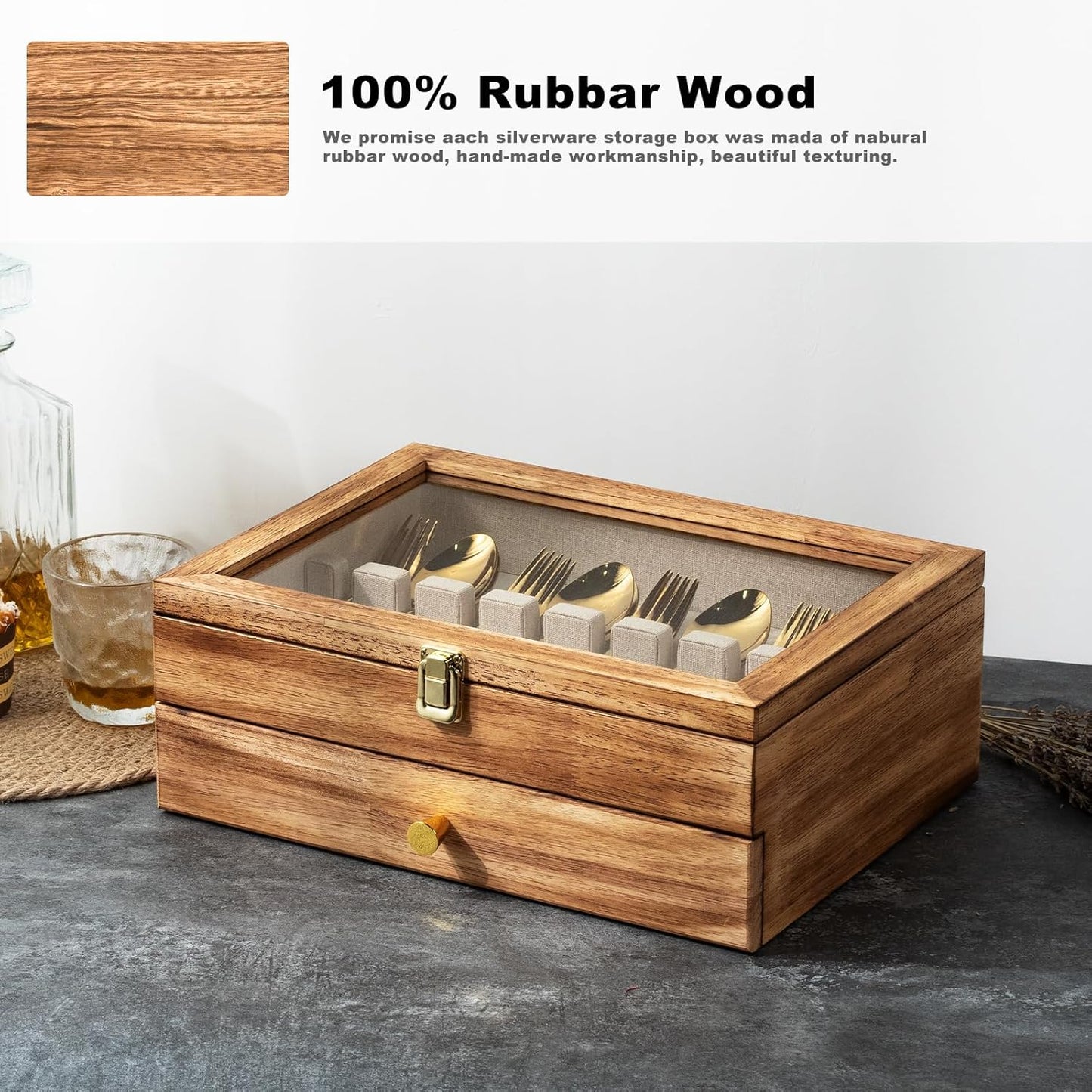 Silverware Box, 2-Layer Wooden Silverware Storage Box with Glass Lid, 14.5×10.6 Inches Vintage Style Decor Flatware Storage Case for Fine Flatware & Utensils, Gift Idea (Torched Wood)