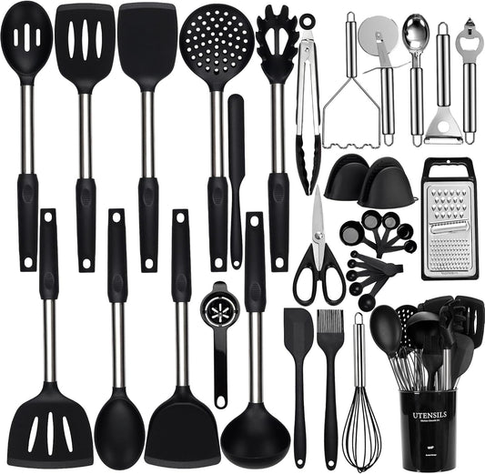 Silicone Cooking Utensils Set, NCUE 35 Pcs Kitchen Utensils Set with Holder, with Stainless Steel Handle Spatula Set, Spoons, Pasta Server, Cheese Grater, Masher, Scissors, Dishwasher Safe (Black)