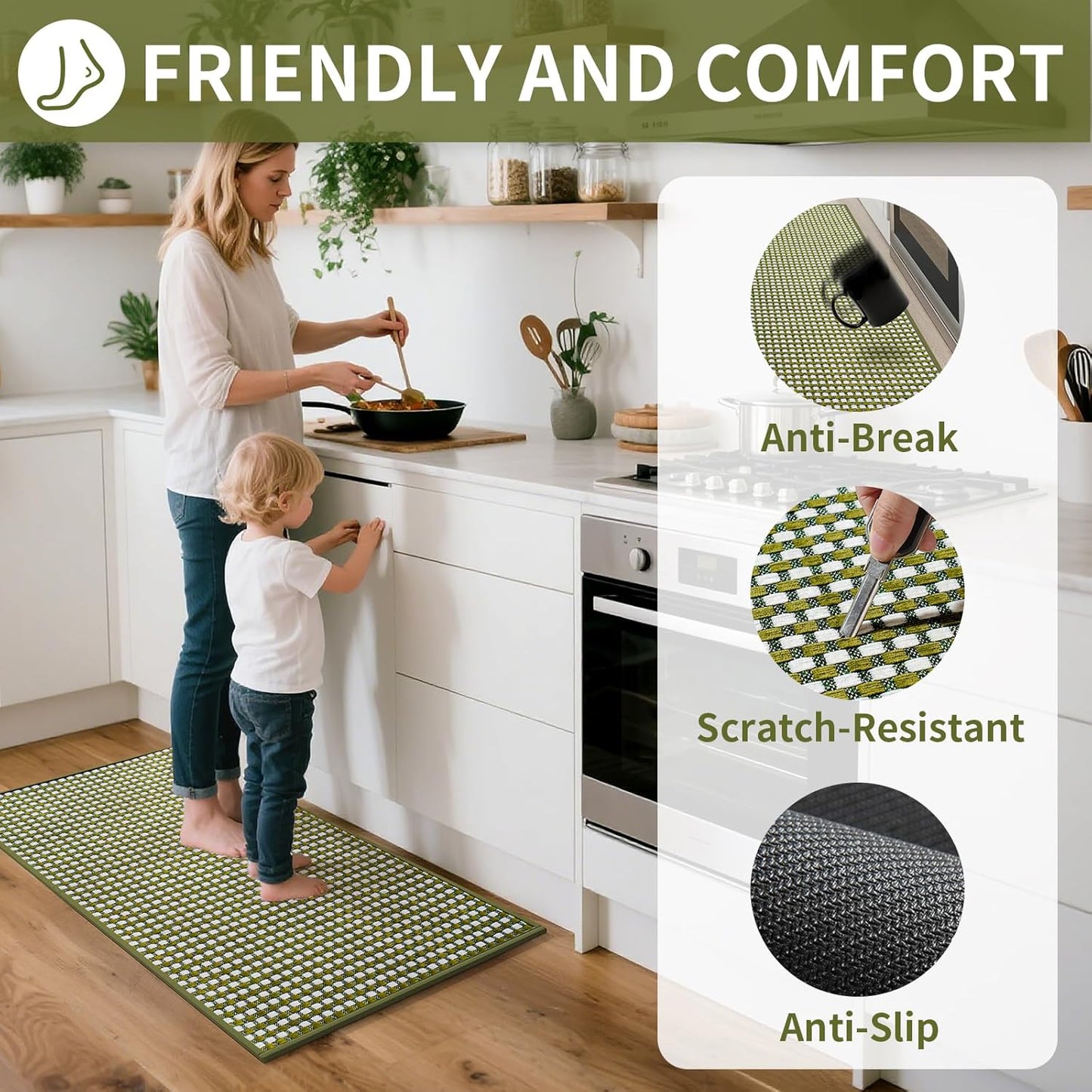 Long Kitchen Runner Rugs Kitchen Mat Non Slip Washable, Super Absorbent Soft Chenille Braided Kitchen Mats for Floor, Rubber Backing Kitchen Floor Sink Standing Mat, Easy Clean, Green 17"x71"