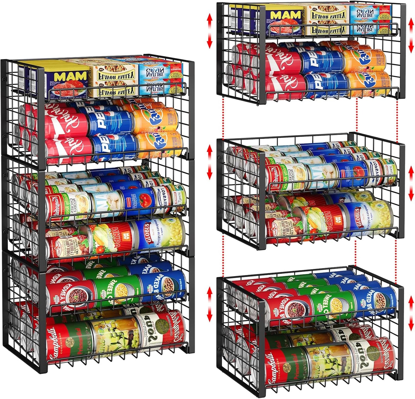 3-Pack Stackable Can Rack Organizer for Pantry, Adjustable Can Holder for Various Ounce of Cans up to 90, Rolling Can Dispenser for Canned Food Soup Goods Storage in Kitchen Cabniet, 2 Tier, Black