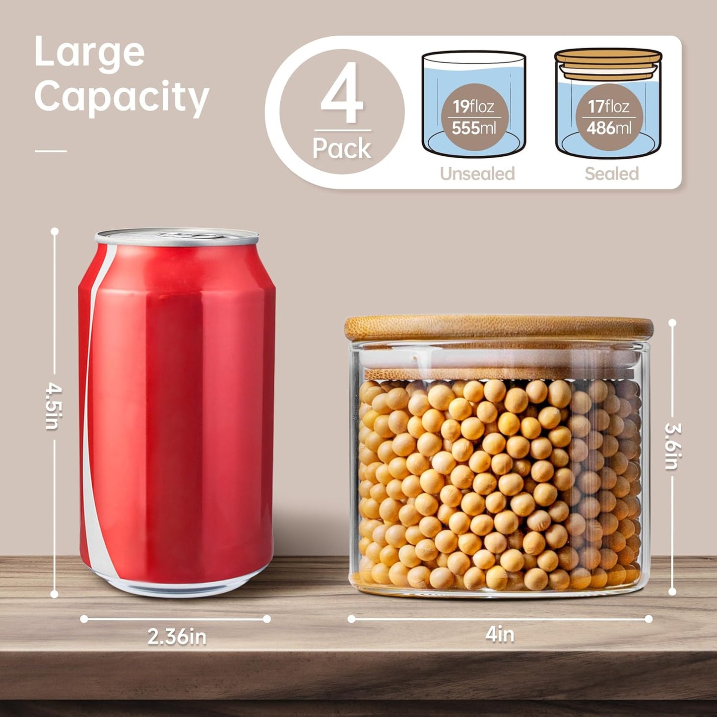 17oz - 4 Pack Glass Jars with Bamboo Lids, Glass Food Storage Containers with Airtight Lids, Air Tight Pantry Storage Containers for Coffee, Sugar, Spice, Meal Prep Jars for Salad & Fruit