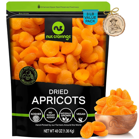 NUT CRAVINGS - Sun Dried Turkish Apricots, No Sugar Added (48oz, 3 LB, Bulk) Bulk Dry Fruits Packed Fresh in Resealable Bag - Sweet Healthy Snack, Naturally Grown, Vegan, Kosher
