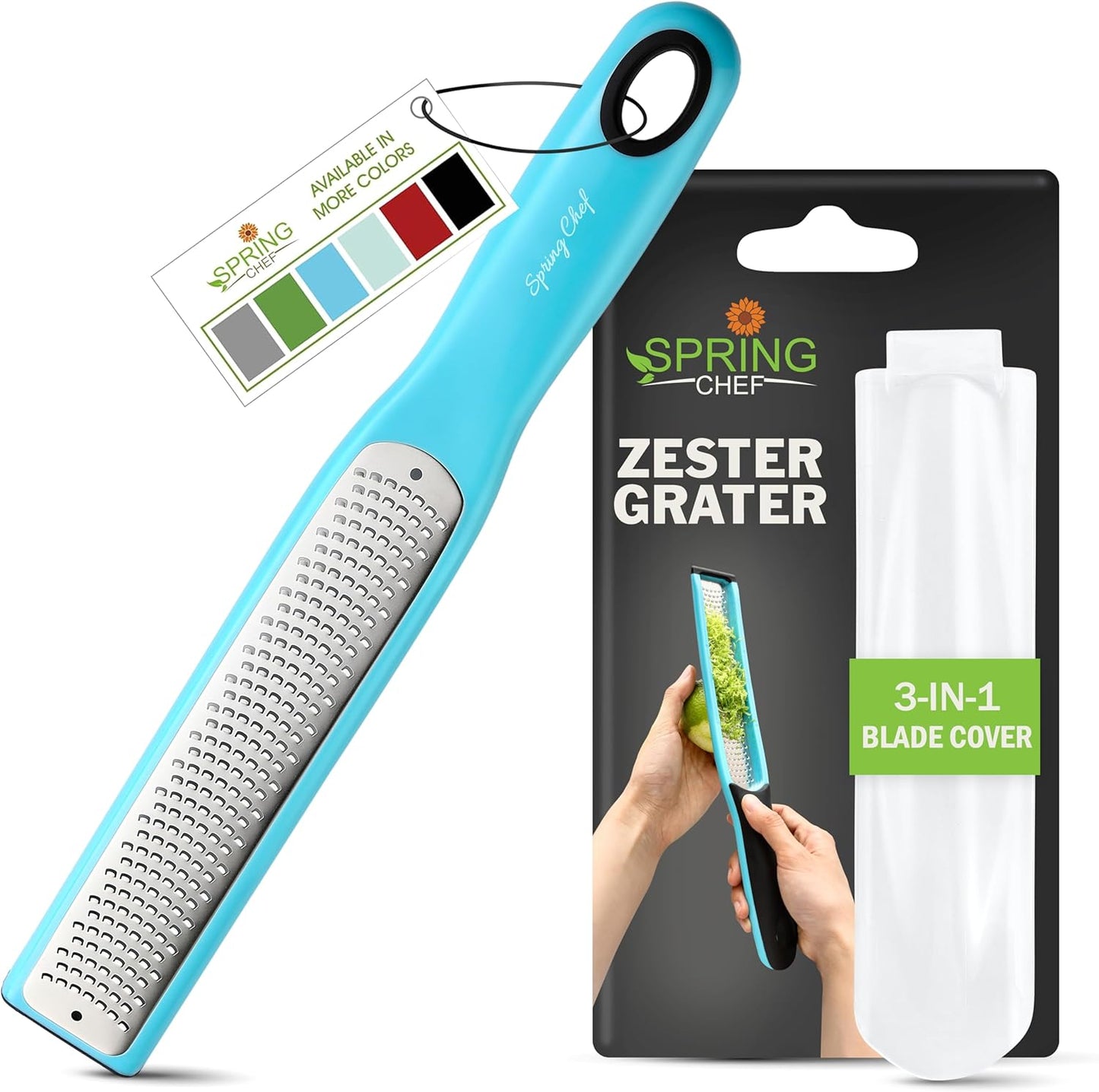 Spring Chef Premium Lemon Zester Grater with Handle - Fruits, Garlic, Chocolate, Nutmeg, Ginger Grater - Heavy Duty Kitchen Tool - Stainless Steel Citrus Zester with Blade Cover - Fine Shred, Aqua Sky