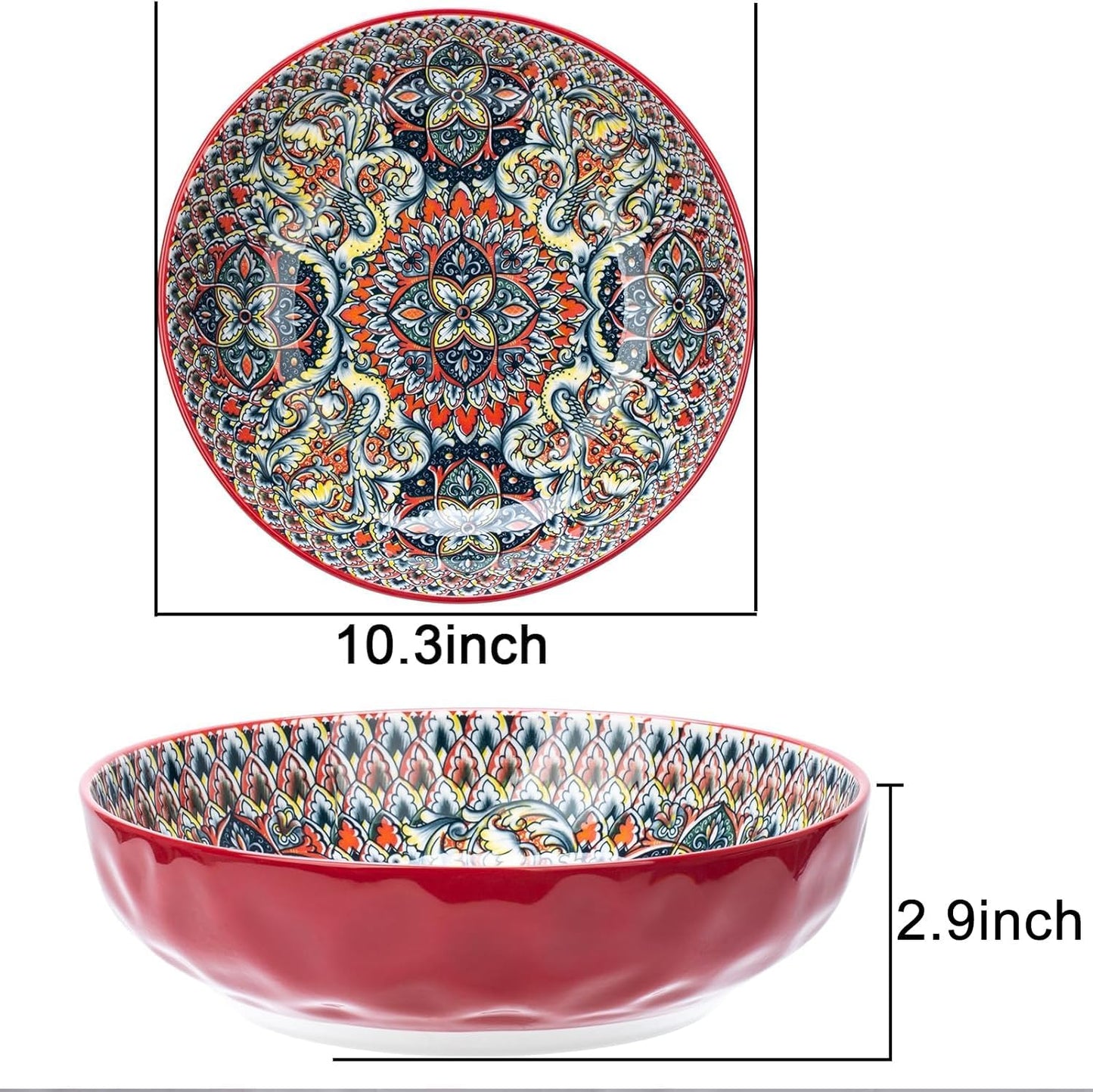 Large Serving Bowls, 75 Oz Fruit Salad Bowls Set of 2, Bohemian Style Large Porcelain Dishes for Entertaining Parties,Big Bowls for Salad, Pasta, Fruit, Chips, 10.3 Inch Diameter (red.red)