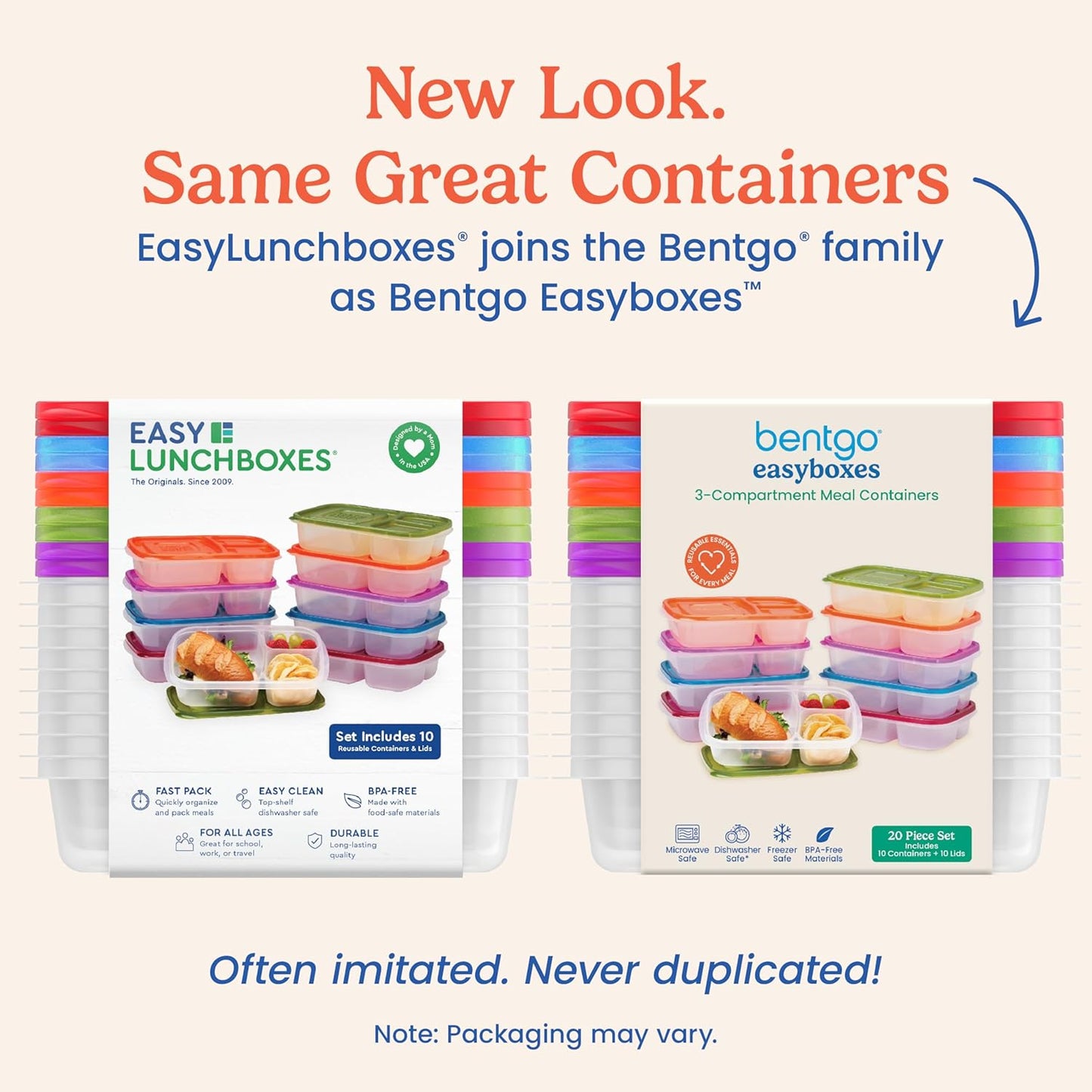 Bentgo Easyboxes - Original Stackable Lunch Boxes - Reusable 3-Compartment Food Containers for Kids and Adults - Bento Lunch Box for Meal Prep, School, & Work - BPA Free, Set of 10 (Classic)