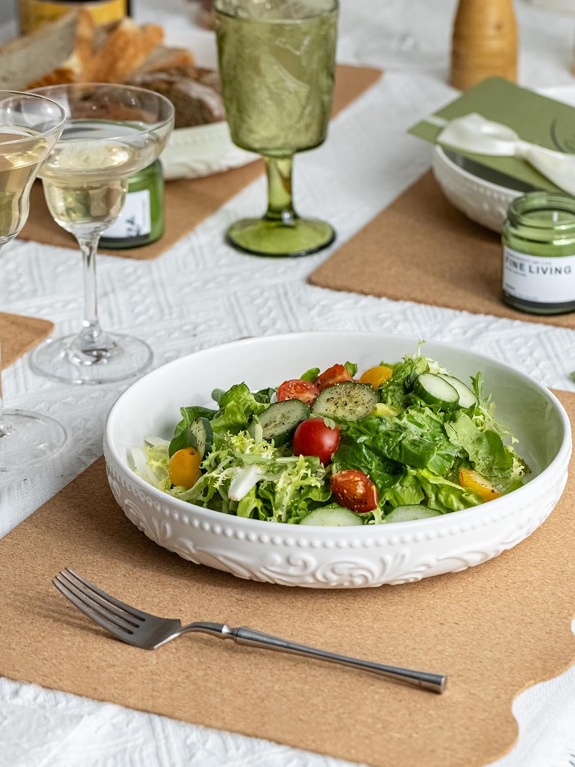 YHOSSEUN 9.75" Pasta Bowls Set of 4, 50 OZ Large Salad Bowl Pasta Plates, Ceramic Serving Bowl Plate White Soup Bowls, Embossed Morning Glory