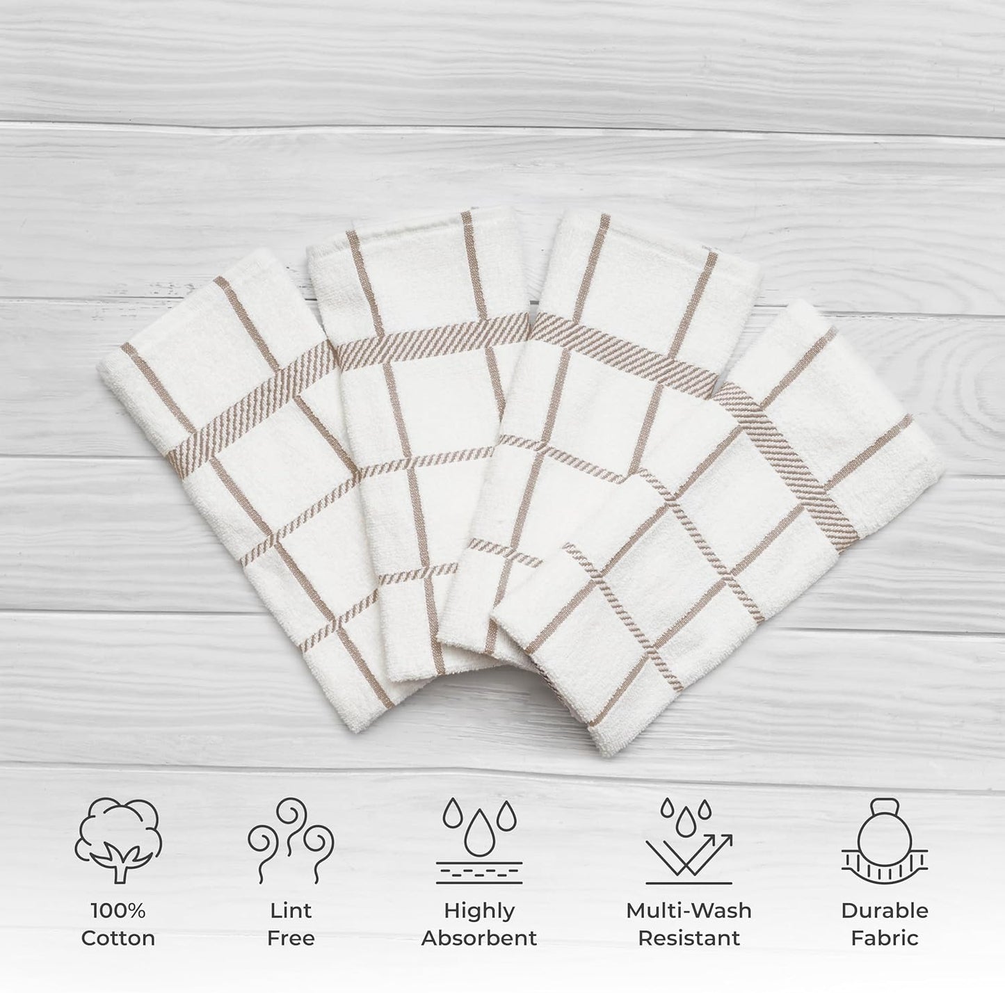 100% Cotton Terry Dish Towels, 4 Pack Checks, 16 x26 Inches, Super Soft and Absorbent Kitchen Towels, Perfect for Kitchen Cleaning and Dish Washing | Tan