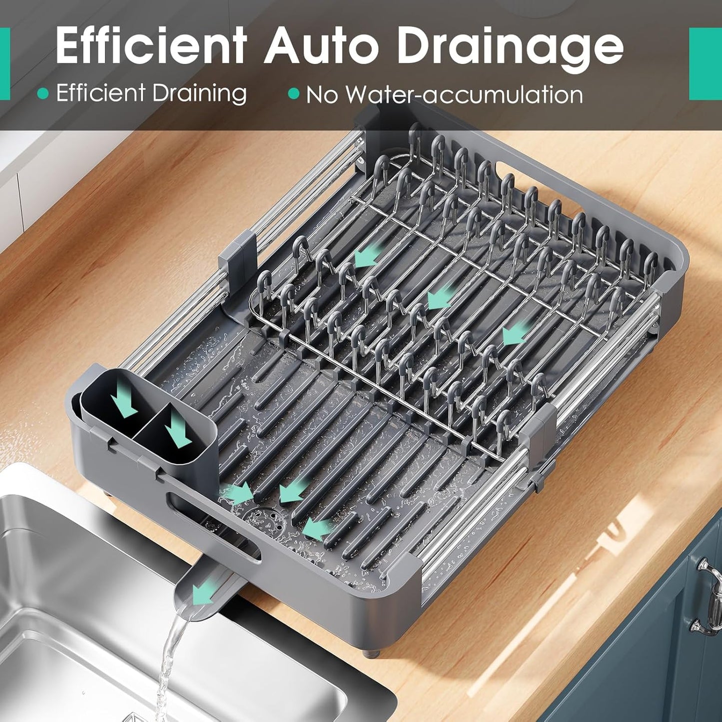 Dish Drying Rack for Kitchen Counter, Extendable Dish Rack with Drainboard, Expandable Dish Drainer, Collapsible Dish Strainer with Cutlery Holder, Foldable Home Countertop Plate Storage Rack, Gray