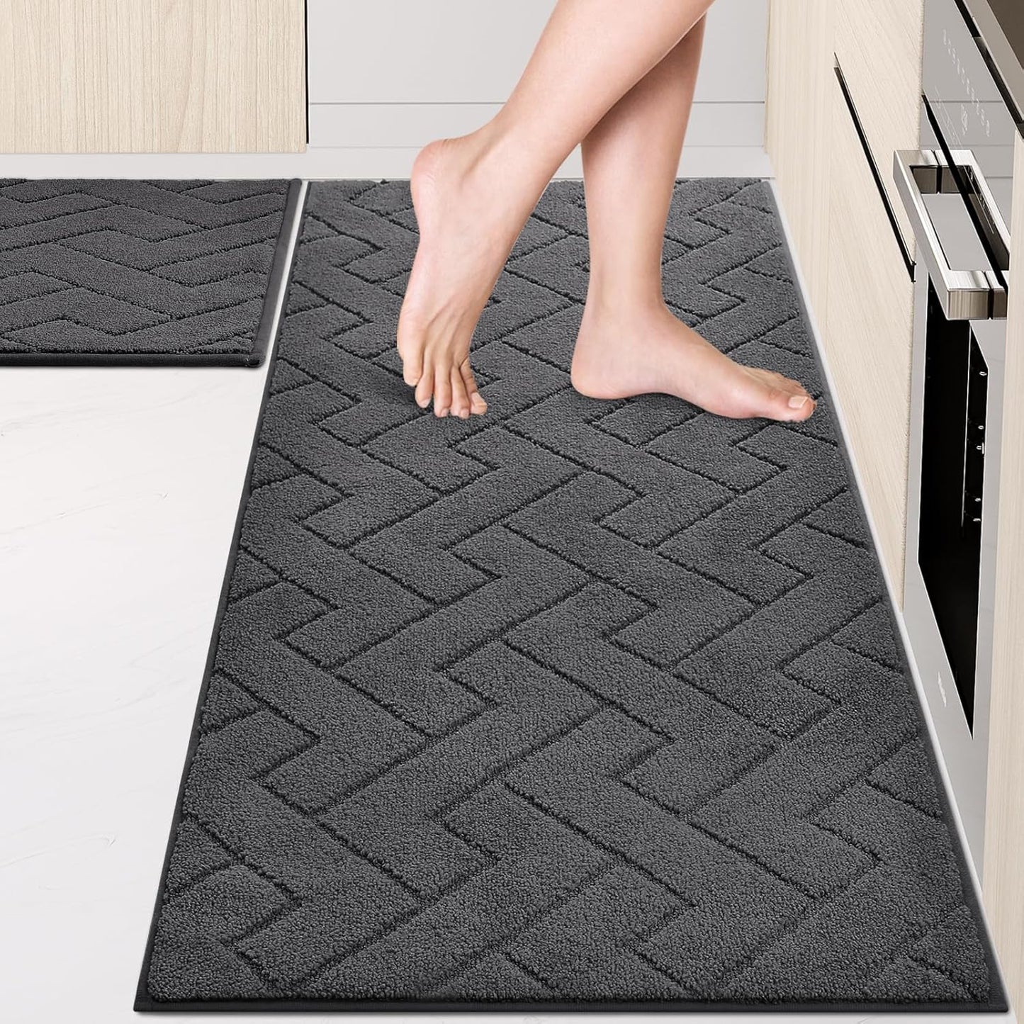 Machine Washable Kitchen Rugs Set (24" x 36"+24" x 60"), Non-Slip Kitchen Runner Rugs Mats for Floor, Absorbent Comfort Standing Mats for Kitchen, Sink and Hallway, Rolled Packaging, Charcoal
