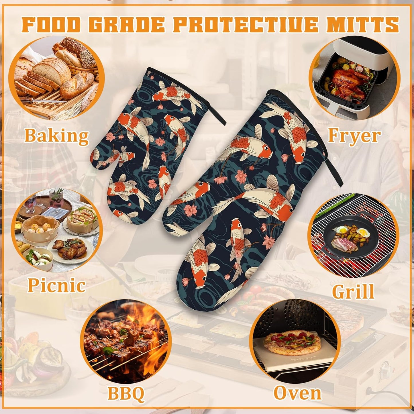 Goldfish Flower Japanese Oven Mitts and Pot Holders,Heat Resistant Oven Mitts Gloves and Pot Holder for Home Kitchen Decorations Cooking Baking BBQ Gifts,Set of 4