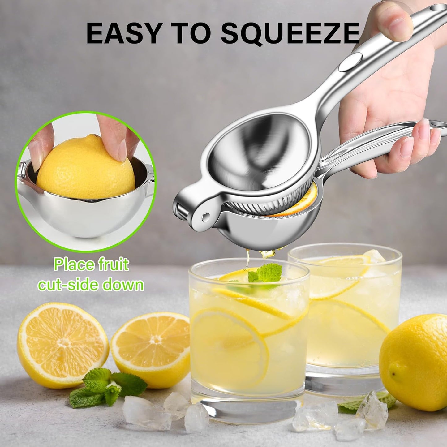 Vakoo Lemon Squeezer - Large, Heavy-Duty, Sturdy Metal Manual Juicer for Lemon, Lime & Citrus, Hand Press for Maximum Juice Extraction - Large, Silver