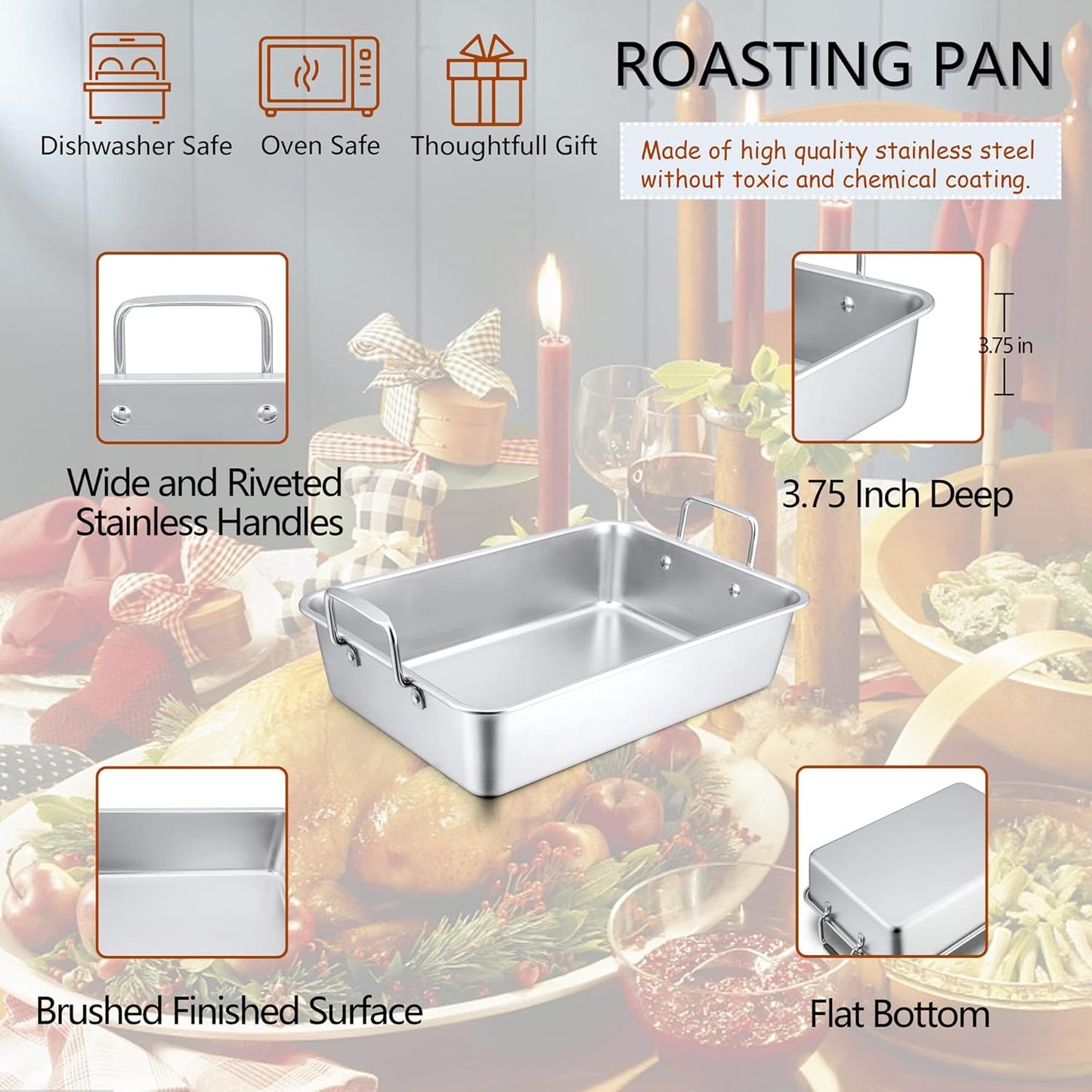 Herogo Roasting Pan with Flat Rack & V-shaped Rack Set, 16 x 11.5 Inch Stainless Steel Turkey Roaster Pan for Thanksgiving Christmas, Dishwasher Safe - Large