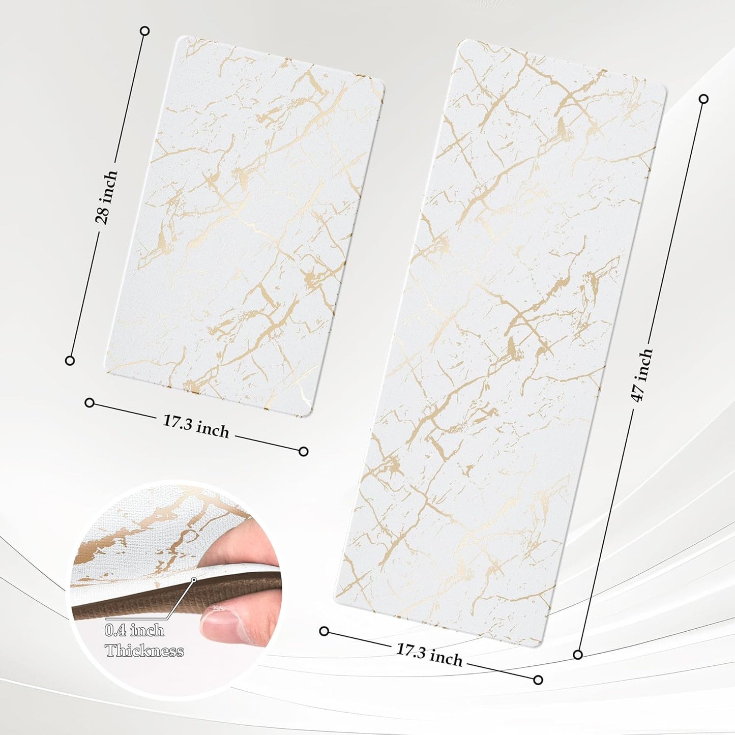 Gold Foil Stamped Marble Kitchen Mats for Floor 2PCS Cushioned Anti Fatigue Non Slip Waterproof Comfort Leather Kitchen Rugs 2/5 Inch PVC Kitchen Mats for Sink, Laundry, 17.3"x28"+17.3"x47",White
