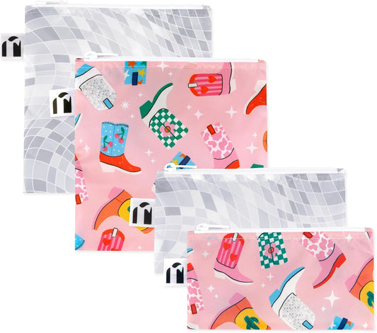 Roamio Reusable Sandwich and Snack Bags, for Kids School Lunch and for Adults Portion, Washable Fabric, Waterproof Cloth Zip Bag, Travel Pouch, Food-Safe Storage, 4-pack Set Cowgirl Boots and Disco