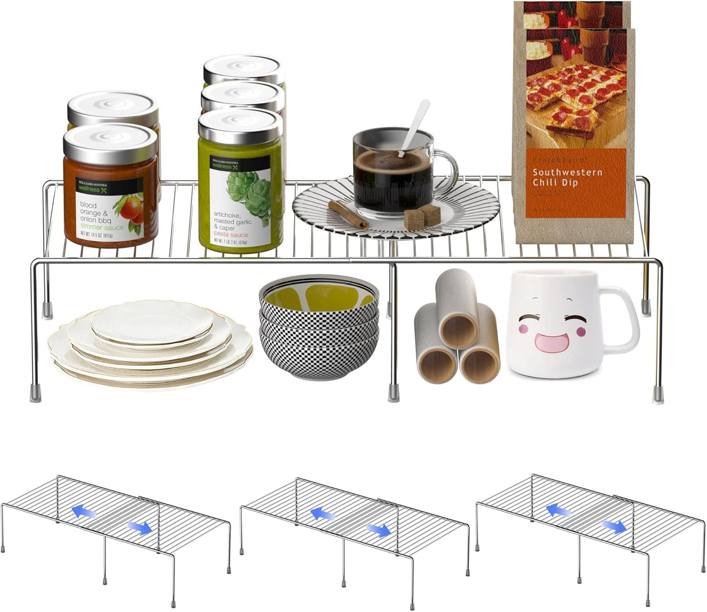 Redrubbit Cabinet Storage Shelf Rack, Expandable Metal Rustproof Kitchen Counter and Cabinet Shelf, Storage Rack Organizer Space Saver for Kitchen, Fridge, Cabinet, Bathroom, Chrome, Set of 4