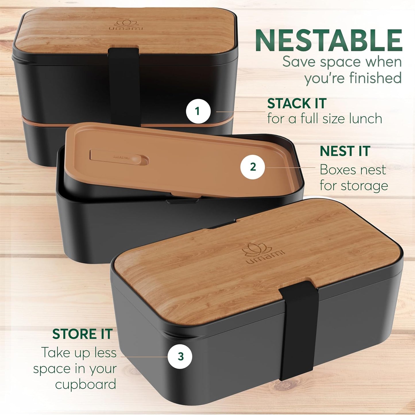 Umami Premium Lunch Box Containers w/ 4 Utensils, 2 Sauce Jars, Nestable Space-Saving Bento Box Adult, 100% Leakproof, Microwavable Lunch Containers for Adults, Cherry Black, 50 oz