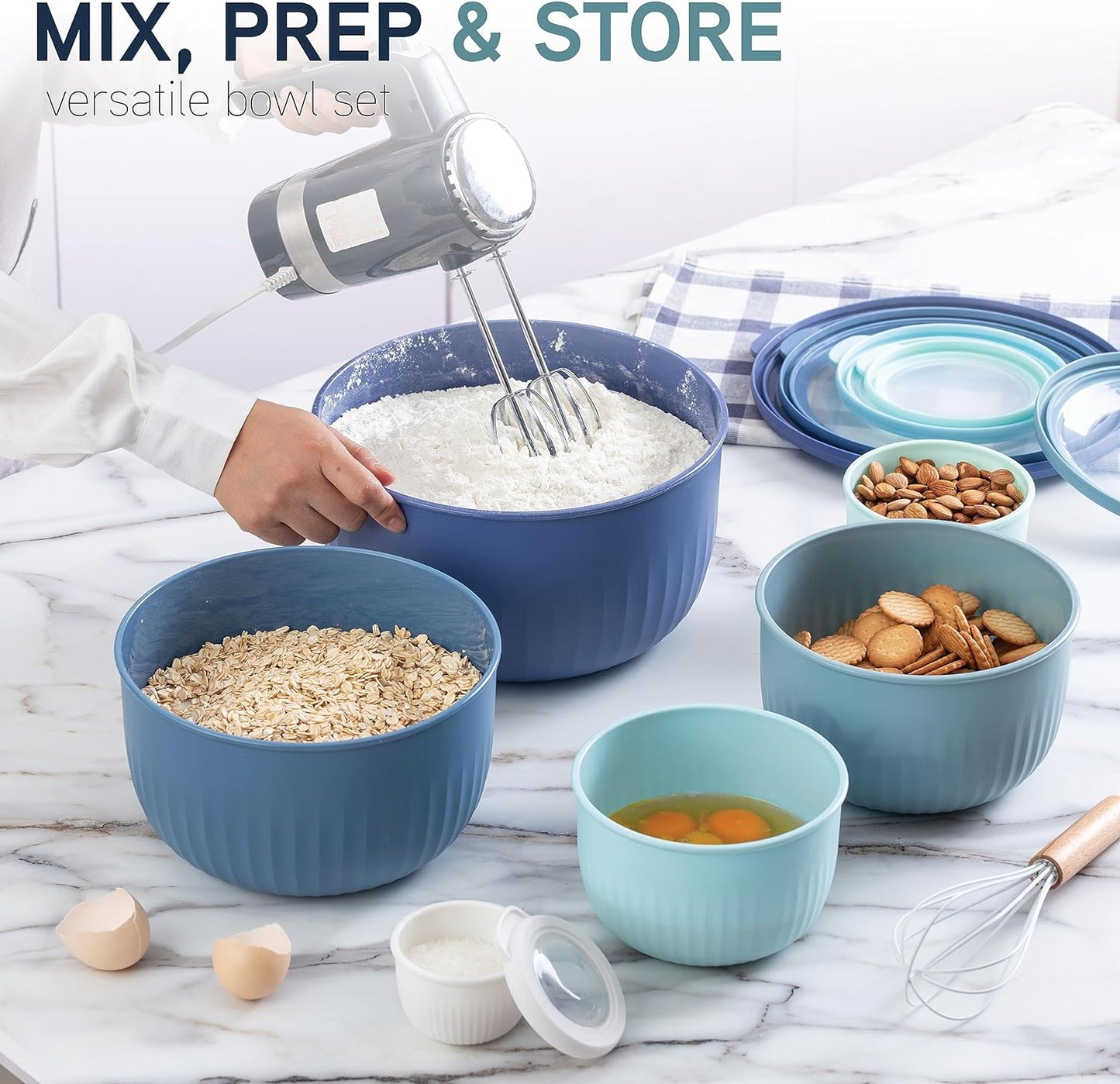 COOK WITH COLOR Prep Bowls with Lids- Wide and Deep Nesting Plastic Small Mixing Bowl Set with Lids, 12 Piece Set - Deep Bowls, Blue