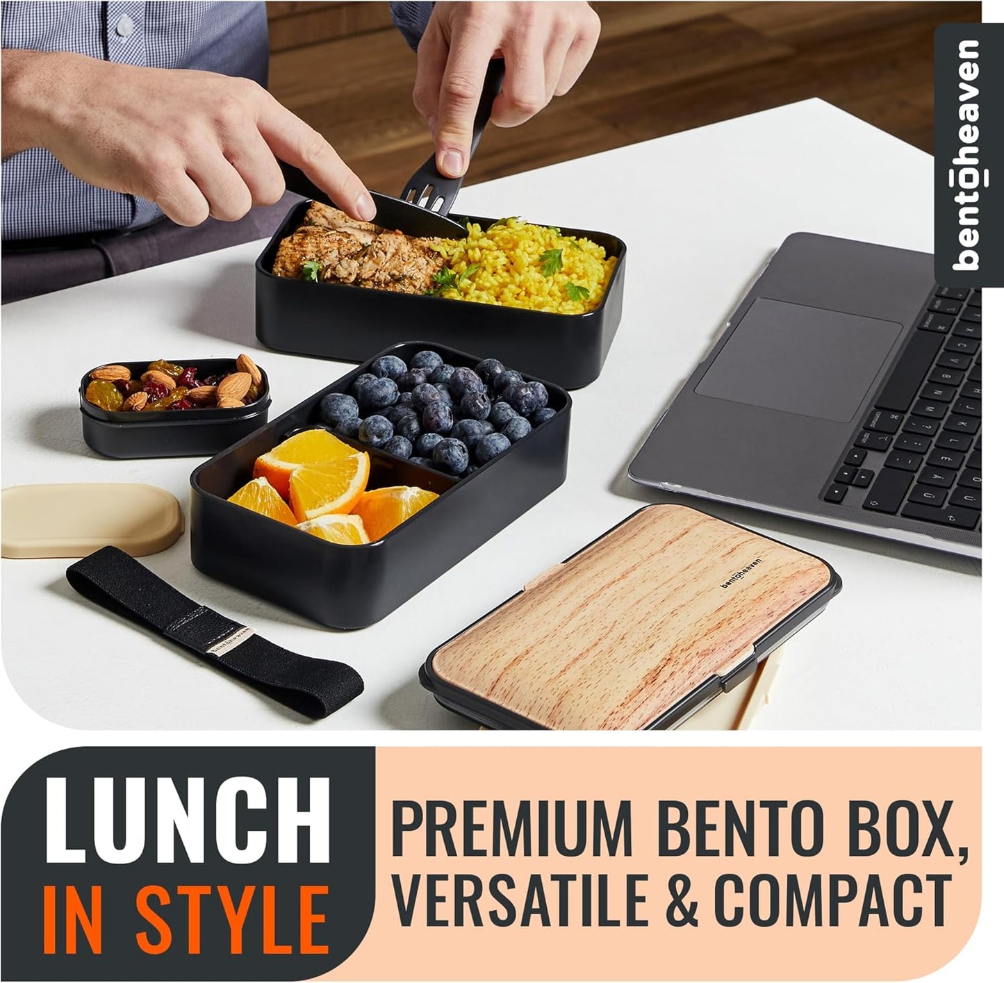 Bentoheaven Premium Bento Box Adult Lunch Box with Compartments for Women & Men, Set of Utensil & Chopsticks & Dip Container, Cute Japanese Kids Bento Lunch Box, Microwavable (Symph Onyx)