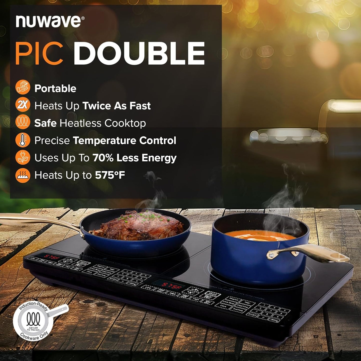 Nuwave Double Cooktop Induction Countertop Burner, Portable, 900 & 1800W, 100°F to 575°F, Large 8” Heating Coil, 50 Pre-Programmed Settings, Shatter-Proof Ceramic Glass, Built-In Safety Auto Shut Off