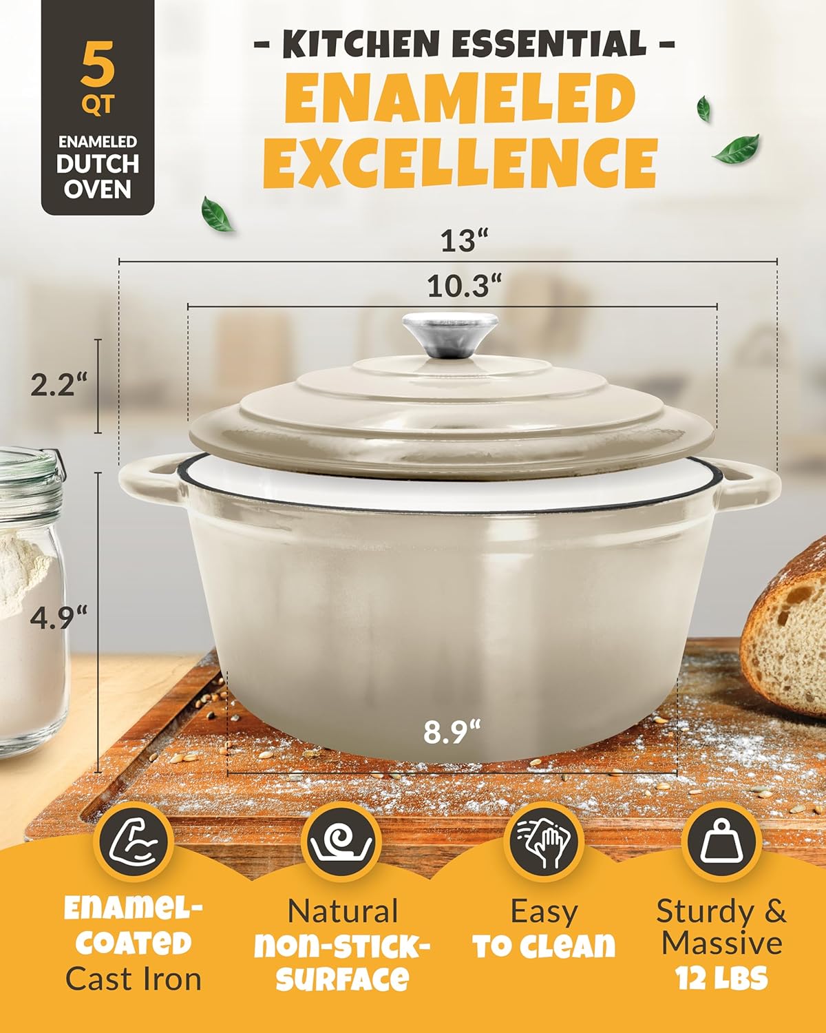 Dutch Oven for Bread Baking - incl. Sourdough Bread-Baking Supplies like Banneton Bread-Proofing Basket - 5QT Enameled Cast Iron Bread-Oven with Lid, Baking Pan, Scoring Tool Lame