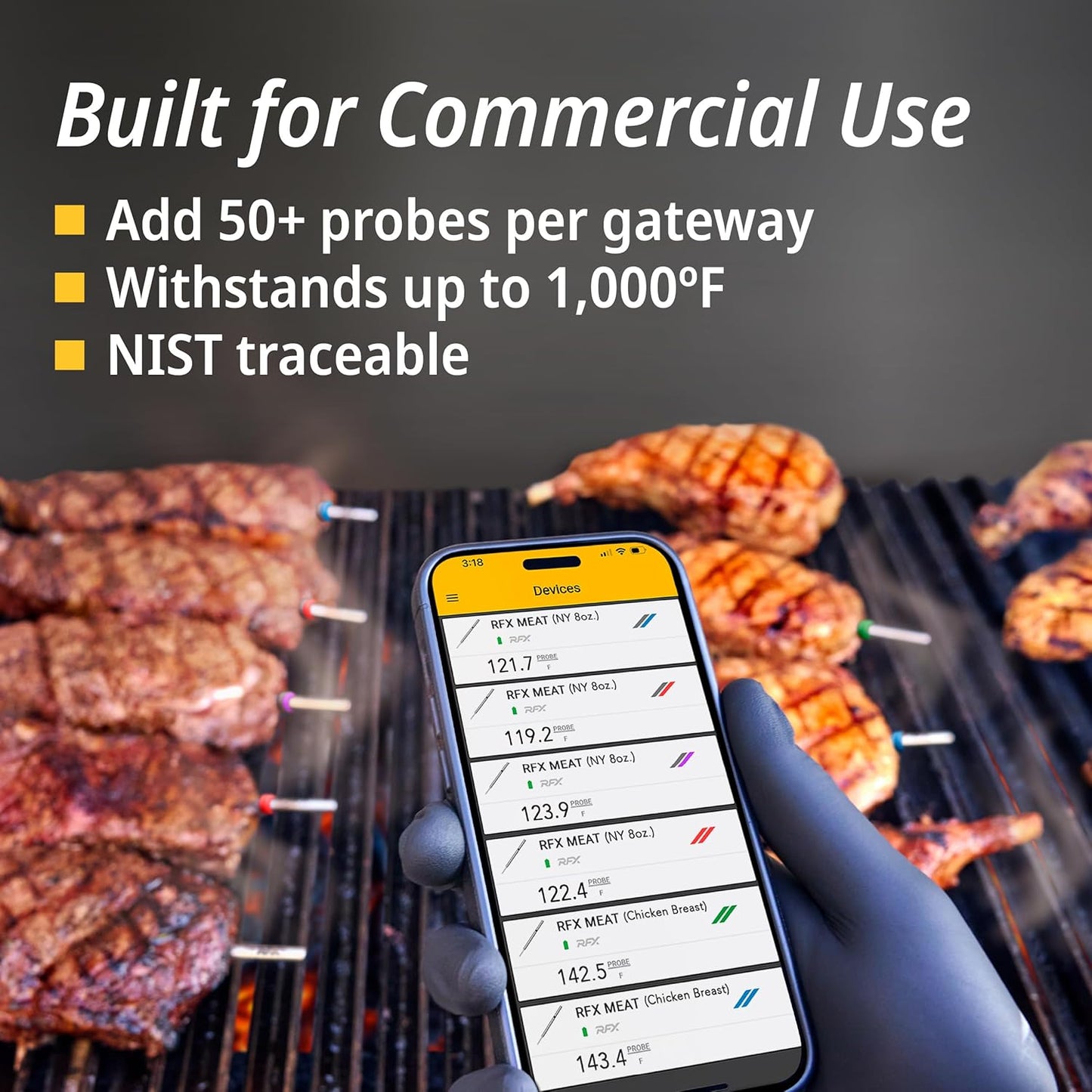 RFX | Smart Wireless Meat Thermometer | Wi-Fi & Radio Frequency | Stronger Signal Than Bluetooth | Meat Probe for Use in Smoker, Grill, BBQ, Oven - 1-Probe Kit