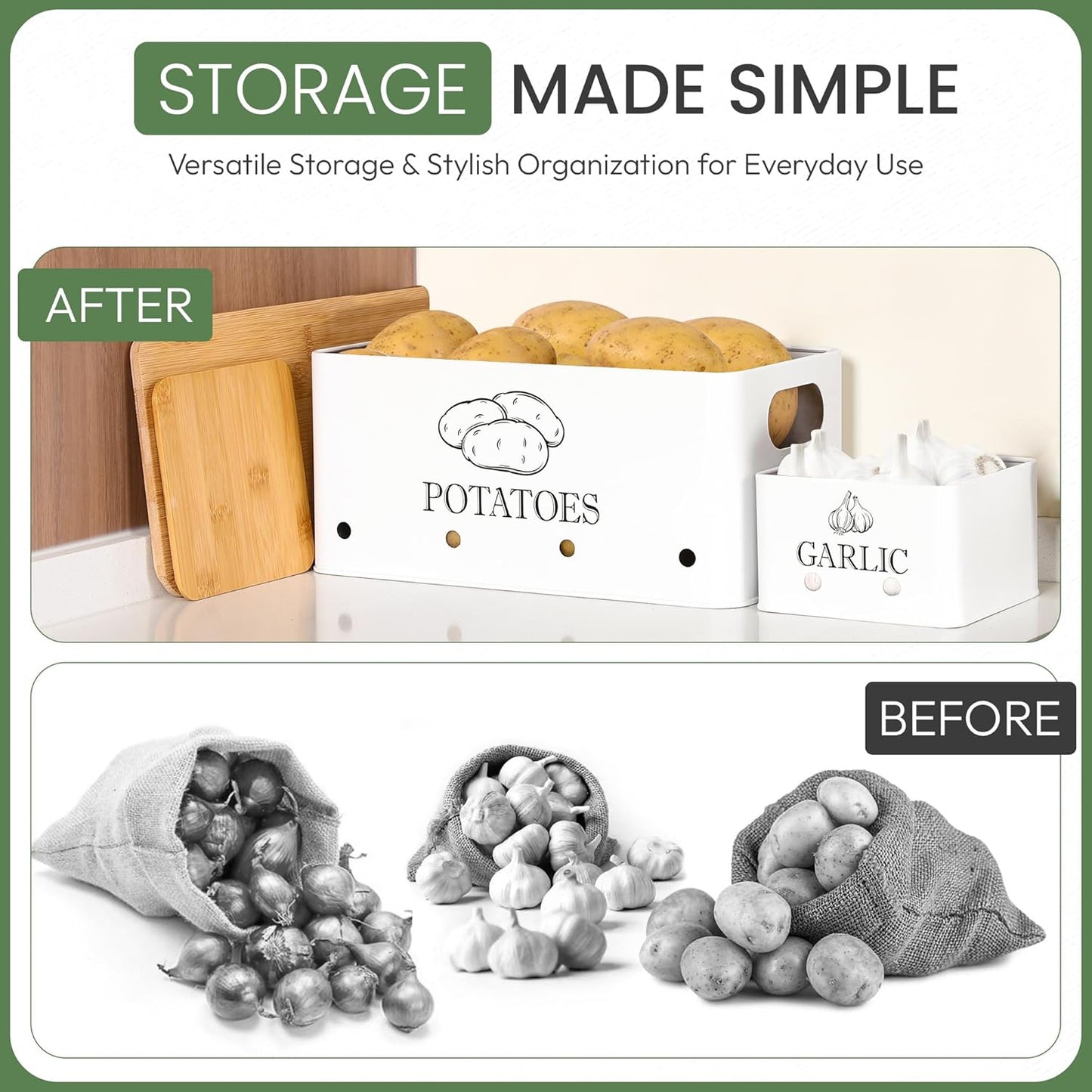 Potato Onion and Garlic Storage Bins with Wooden Lid & Breathable Holes – Rustic Farmhouse Stackable Kitchen Vegetables Canisters with Ventilation & Side Handles Space Saving – Set of 3