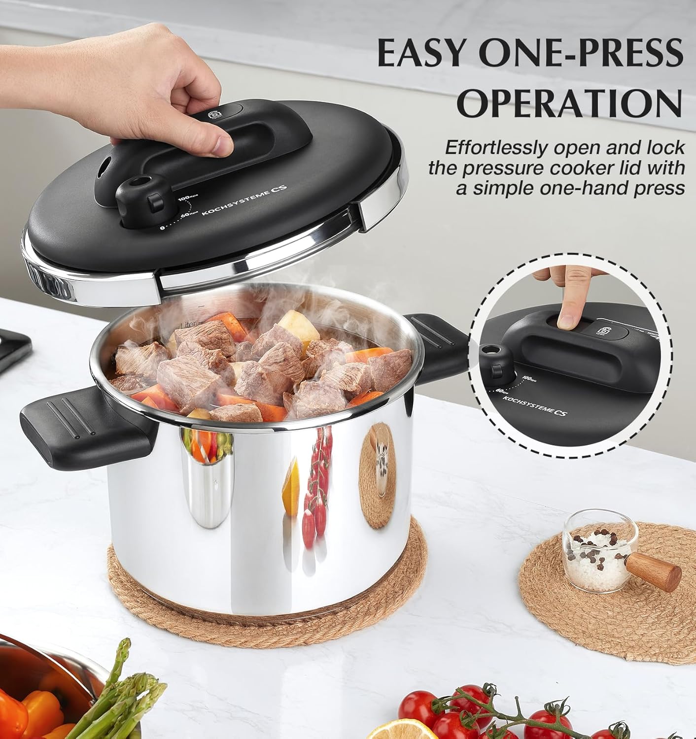 KOCH SYSTEME CS Stainless Steel Pressure Cooker 8.5 Quart, Olla de Presion, 3 PSI Settings, 18/10 Stainless Steel Pressure Cooker, One-Press Lock Pressure Cookers, Induction Ready, Glass Lid & Steamer