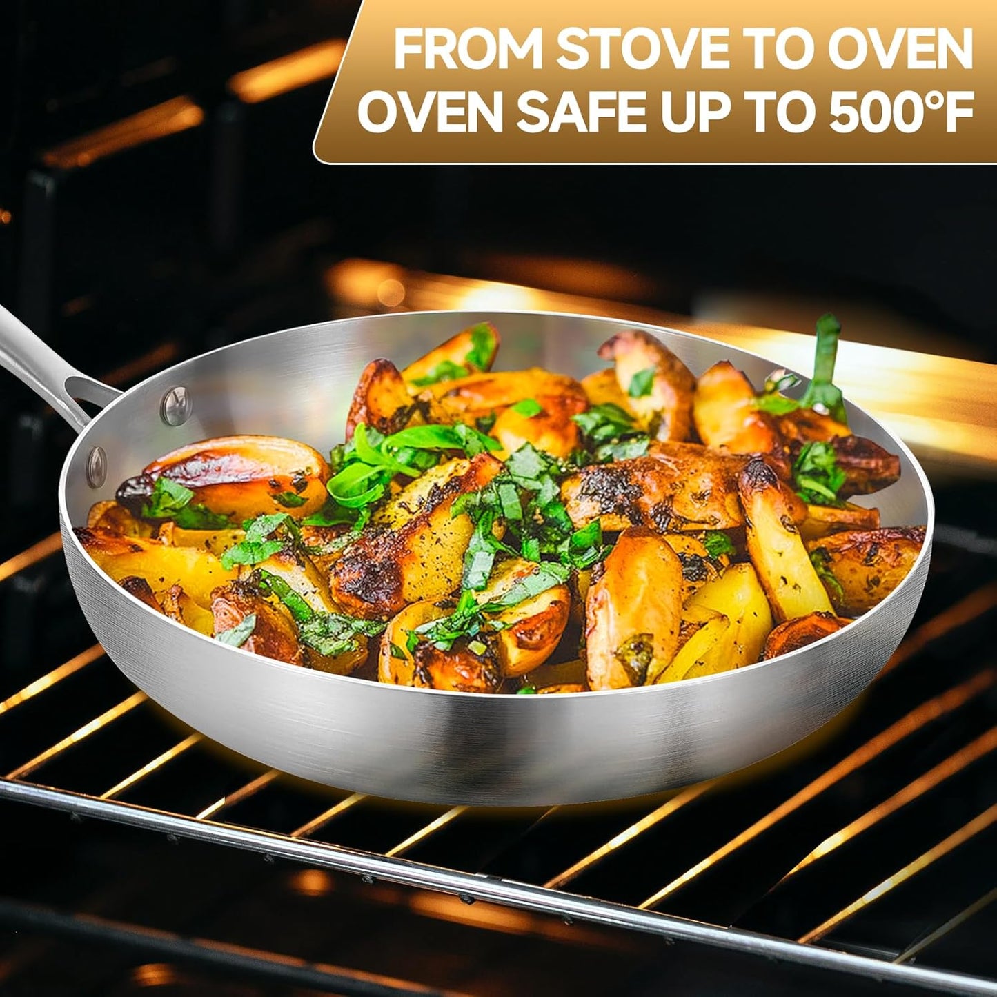 Inqibee Tri-Ply Stainless Steel Frying Pan Set of 3 with Lid,Skillets,Induction Cooking Pans Set,Riveted Handle,Eevn Heating and Oven Safe,8-9.5-11 Inch