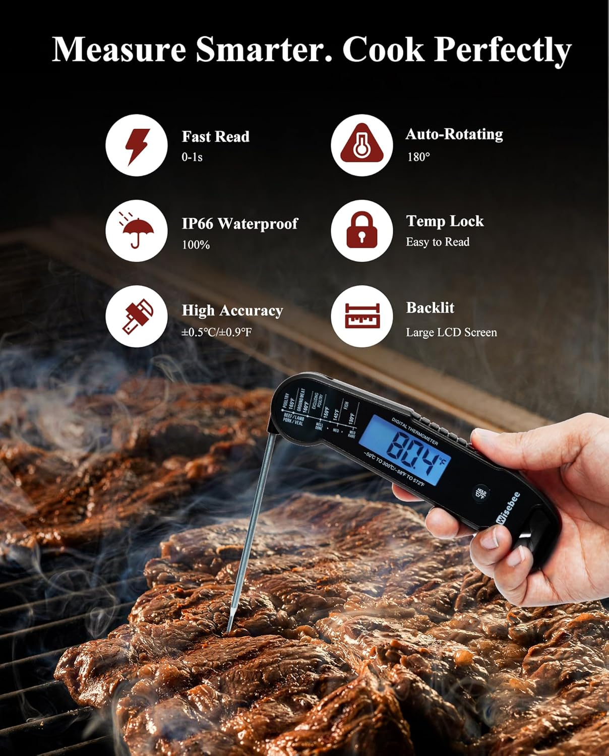 Wisebee Meat Thermometer Digital, 0.5 Sec Instant Read Waterproof Food Thermometer with 180°Auto-Rotate Backlit Display | Anti-Slip Handle | Magnetic Back | Hold Function for Cooking, Black