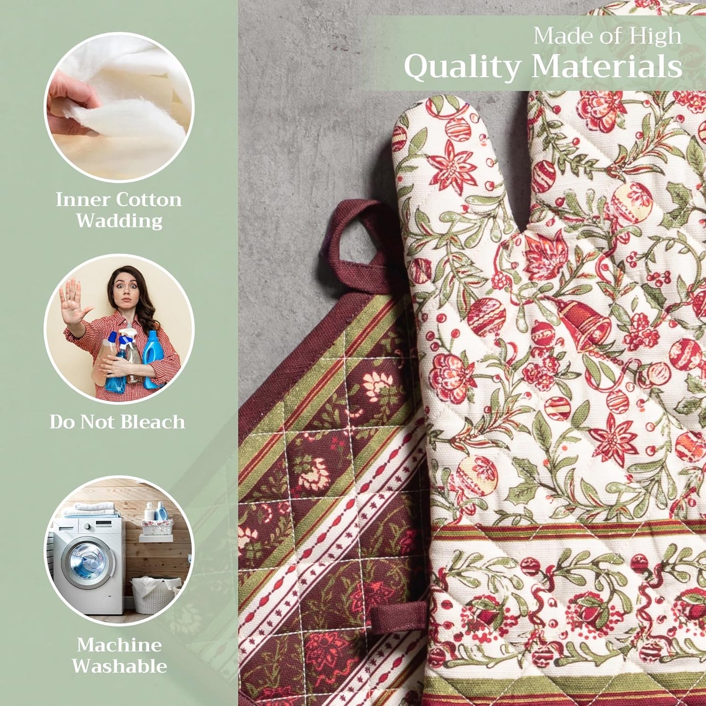 Maison d' Hermine 100% Cotton Oven Mitt & Pot Holder Set (7.5"x13" & 8"x8") Heat Resistant BBQ Cooking Gloves with Loop, Baking, Grilling, Kitchen, Handling Hot Pans (Reveillon Au Jardin)