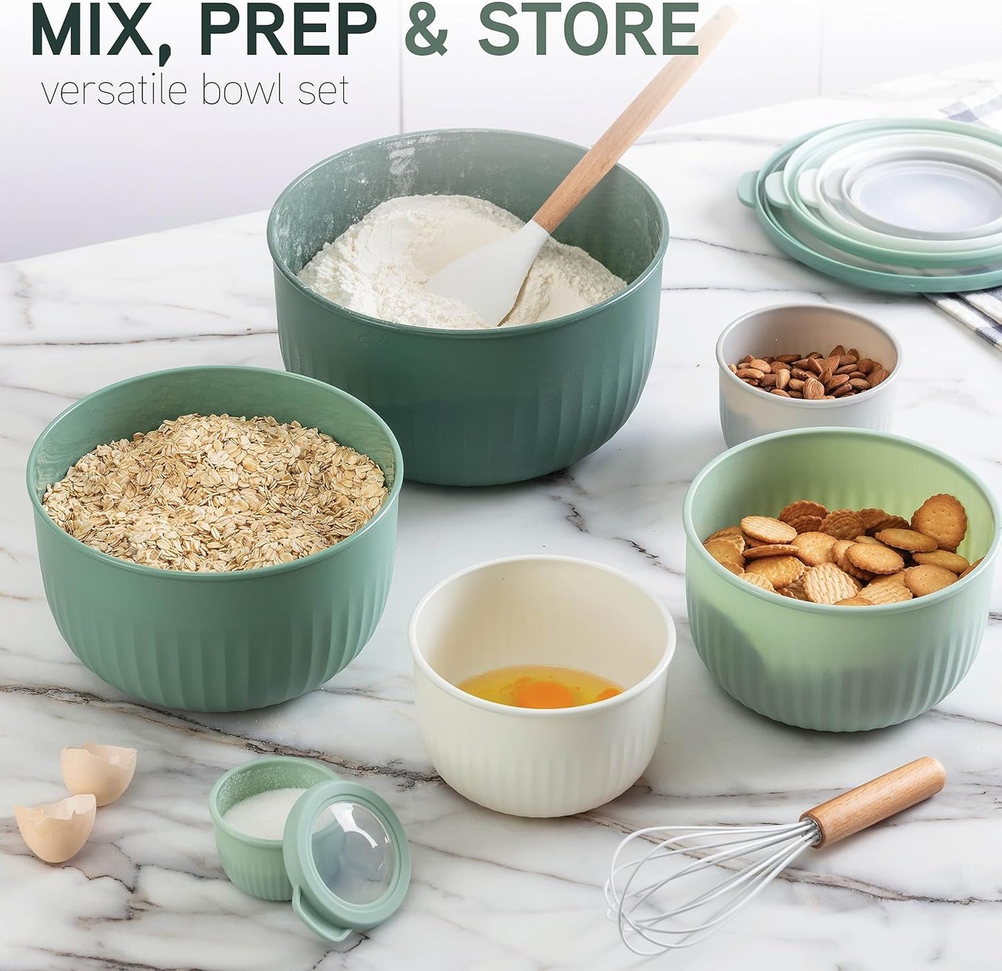 COOK WITH COLOR Prep Bowls with Lids- Wide and Deep Nesting Plastic Small Mixing Bowl Set with Lids, 12 Piece Set - Deep Bowls, Sage