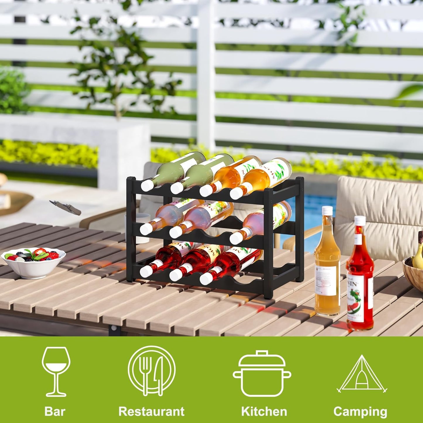 BMOSU Bamboo Wine Rack Wine Storage Cabinet Shelf 12 Bottle Wine Racks Countertop Sturdy for Kitchen Dining Room Pantry - 3 Tiers Wine Rack (Black)