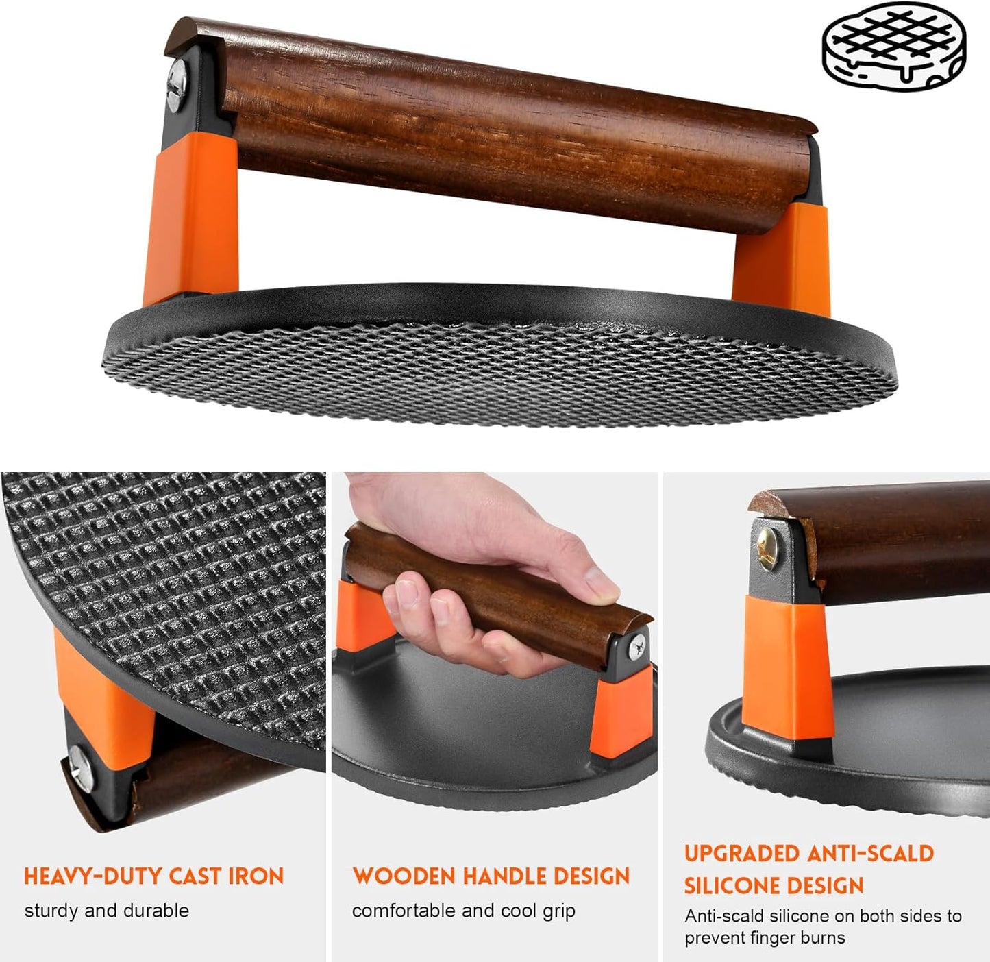 GGC Smash Burger Press, Cast Iron Bacon Press for Hamburger, Steak, Bacon, Sandwiches, 7" Round Meat Press with Wooden Handle for Grill and Griddle Cooking(10Pcs Patty Paper)