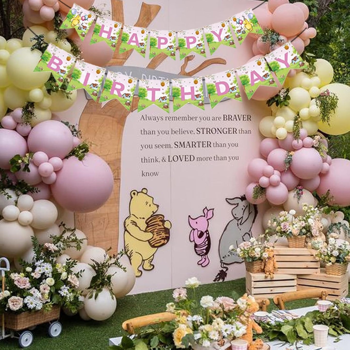 Winnie Birthday Party Banners Classic Pooh Happy Birthday Decoration Banners Signs for Kids Girls 1st Baby Shower Decorations Winnie Birthday Party Supplies