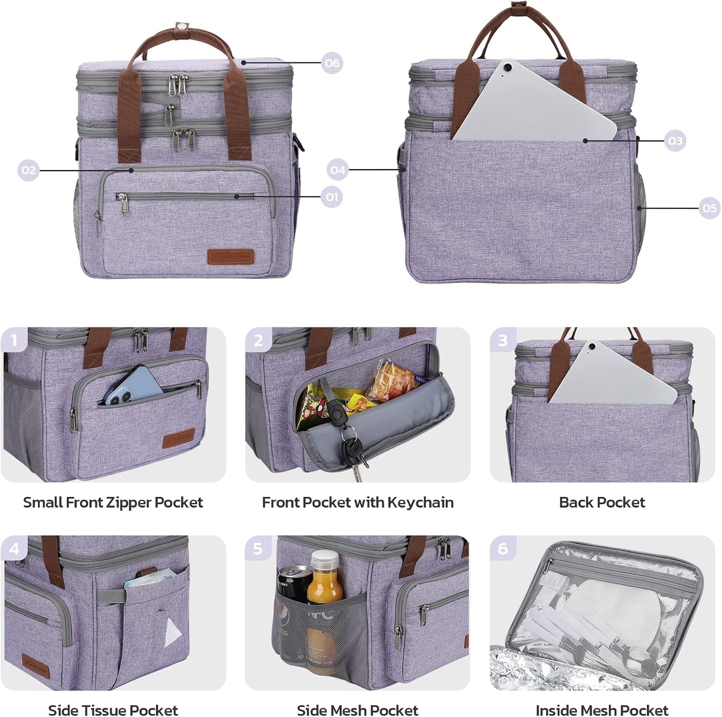 Maelstrom Lunch Bag Women,23L Insulated Lunch Box For Men Women,Expandable Double Deck Lunch Cooler Bag,Lightweight Leakproof Lunch Tote Bag With Side Tissue Pocket,Purple