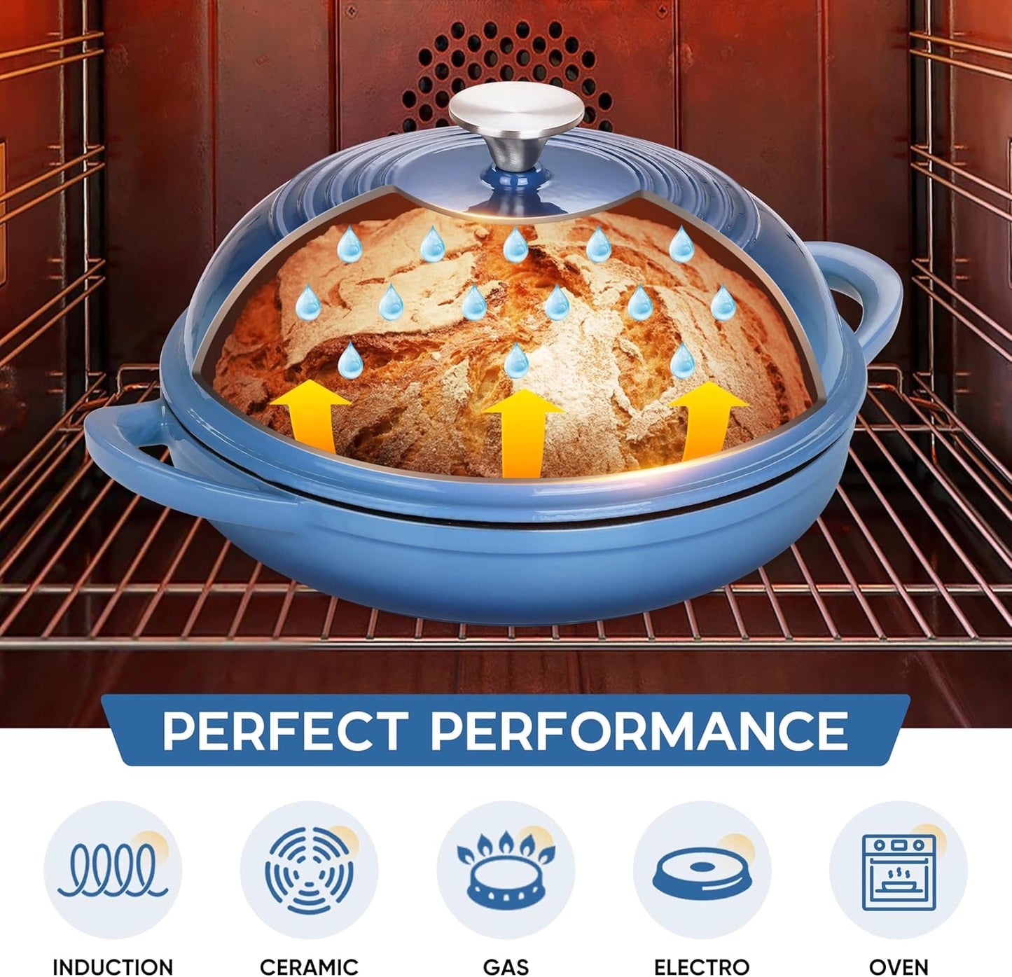 E-far Dutch Oven for Sourdough Bread Baking, 6 Qt Round Enameled Cast Iron Dutch Oven for Homemade Artisan Bread, Dome Lid & Shallow Base, Matte Black Interior & Durable, Oven-Safe to 500℉, Blue