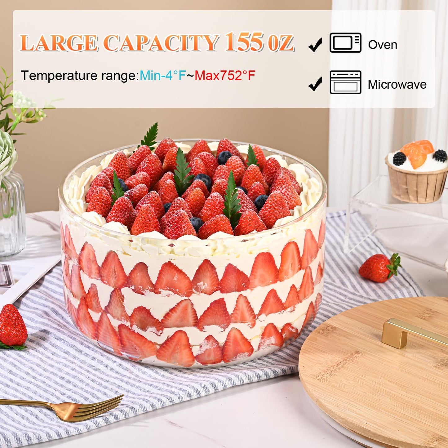 9 inch Large Salad and Trifle Bowl Glass with Lid, 155 oz Versatile Mixing and Serving Dish for Fruit, Laying Ice Cream, Cake, Cupcake, Baking, and Dessert, Microwave Safe