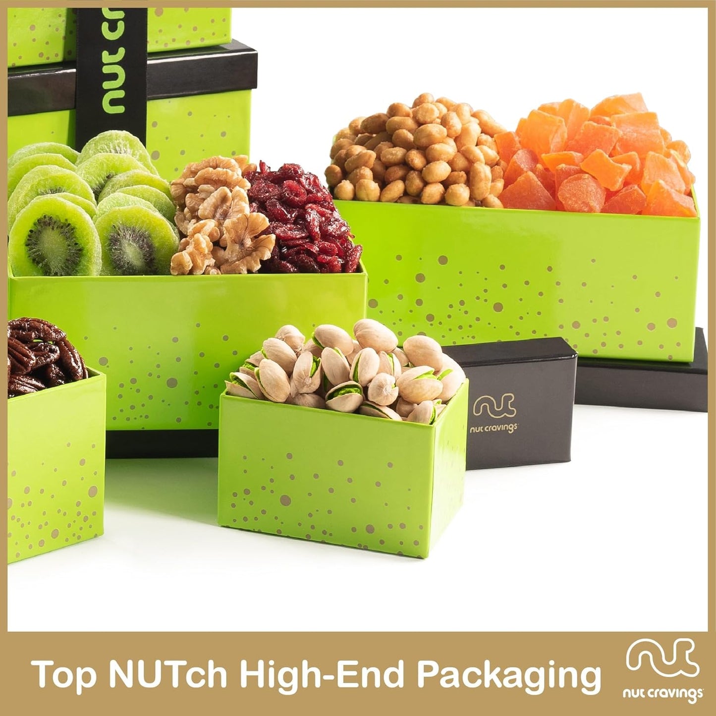 NUT CRAVINGS - Dried Fruit & Mixed Nuts Gift Basket Green Tower + Ribbon (12 Assortments) Food Arrangement, Healthy Snack Care Package, Food Assortments