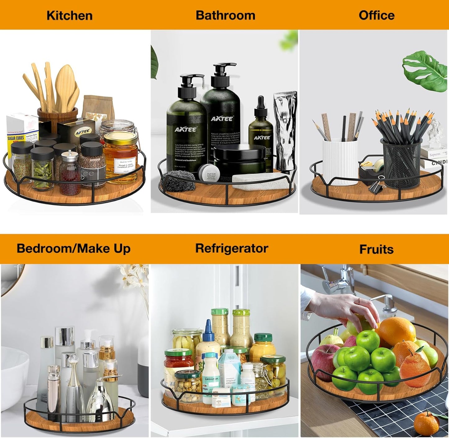 Lazy Susan Turntable Organizer for Cabinet Pantry Kitchen Countertop Refrigerator Cupboard, Pine Wood, 9", Carbonized Black